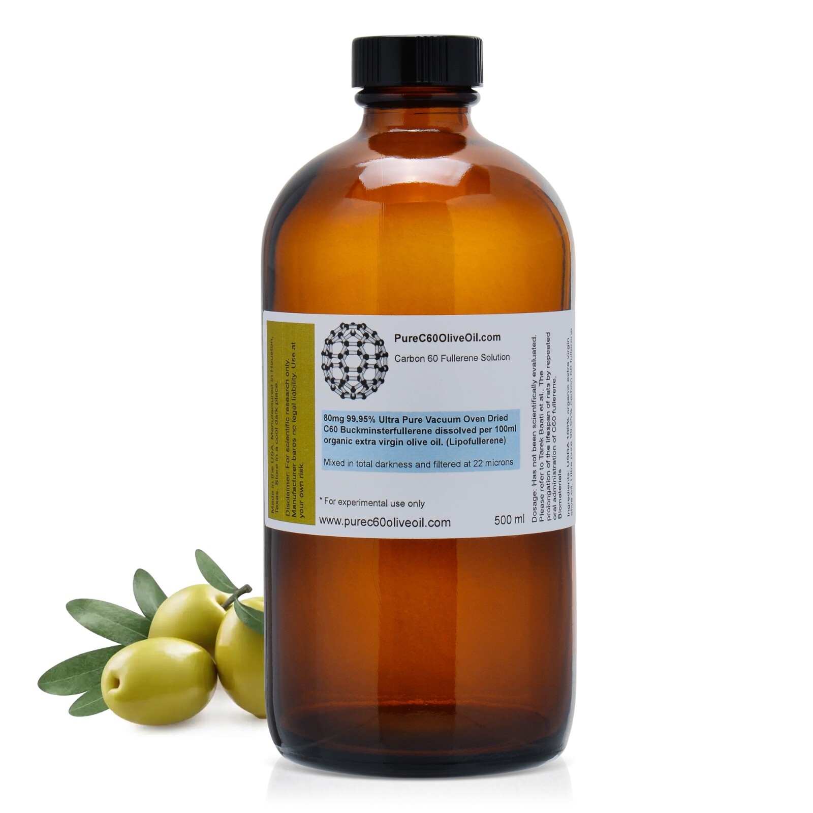 PureC60OliveOil C60 Organic Olive Oil 500ml - 99.95% Ultra Pure VOD C60 400mg