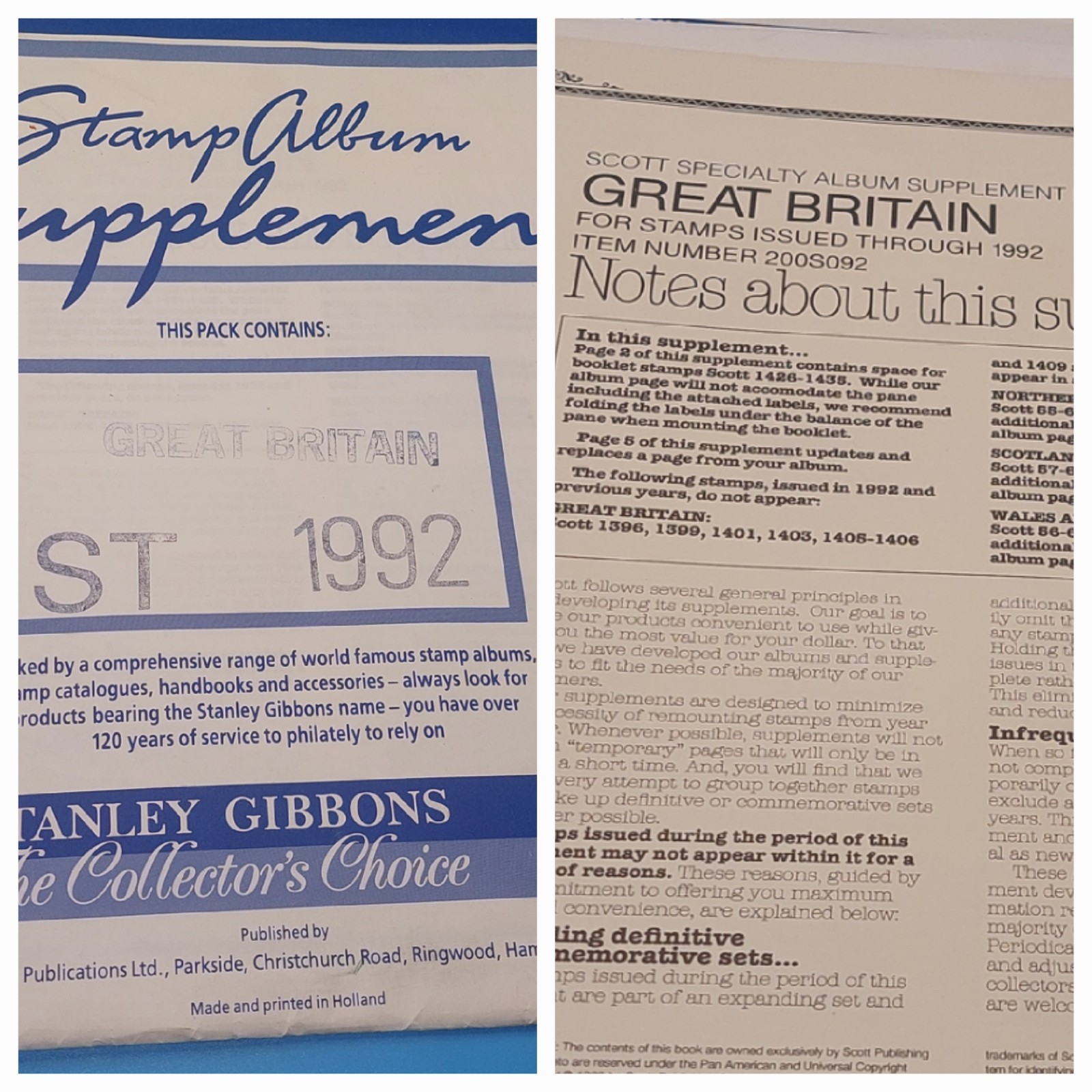 Stanley Gibbons ST & Scott Specialty Great Britain 1992 Stamp Album Supplements