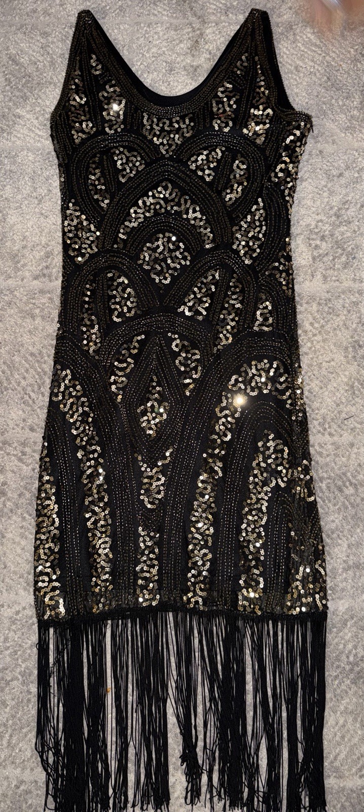1920s Vintage Beaded Flapper Dress Sheer Black
