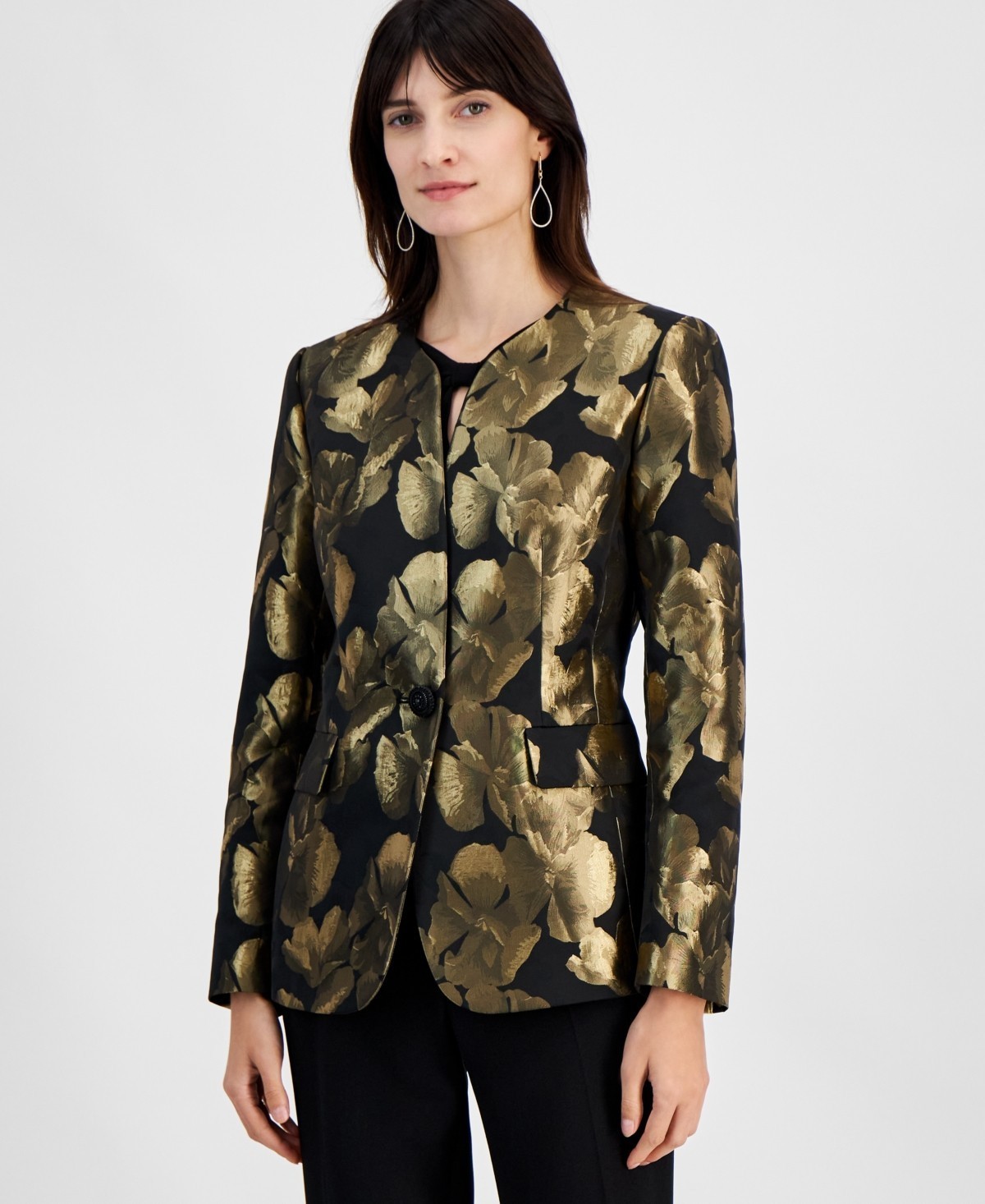 Kasper Black Gold Metallic Jacquard Collarless Jacket Petite Size 12P $159 SALE Kasper Black Gold Metallic Jacquard Collarless Jacket Petite Size 12P $159 SALE