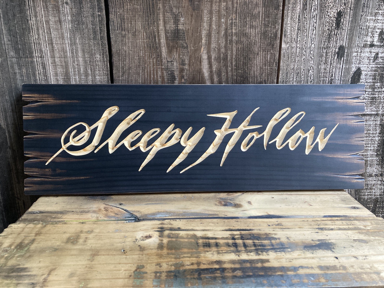 Halloween Sleepy Hollow Wooden Sign Carved Rustic Antique Look