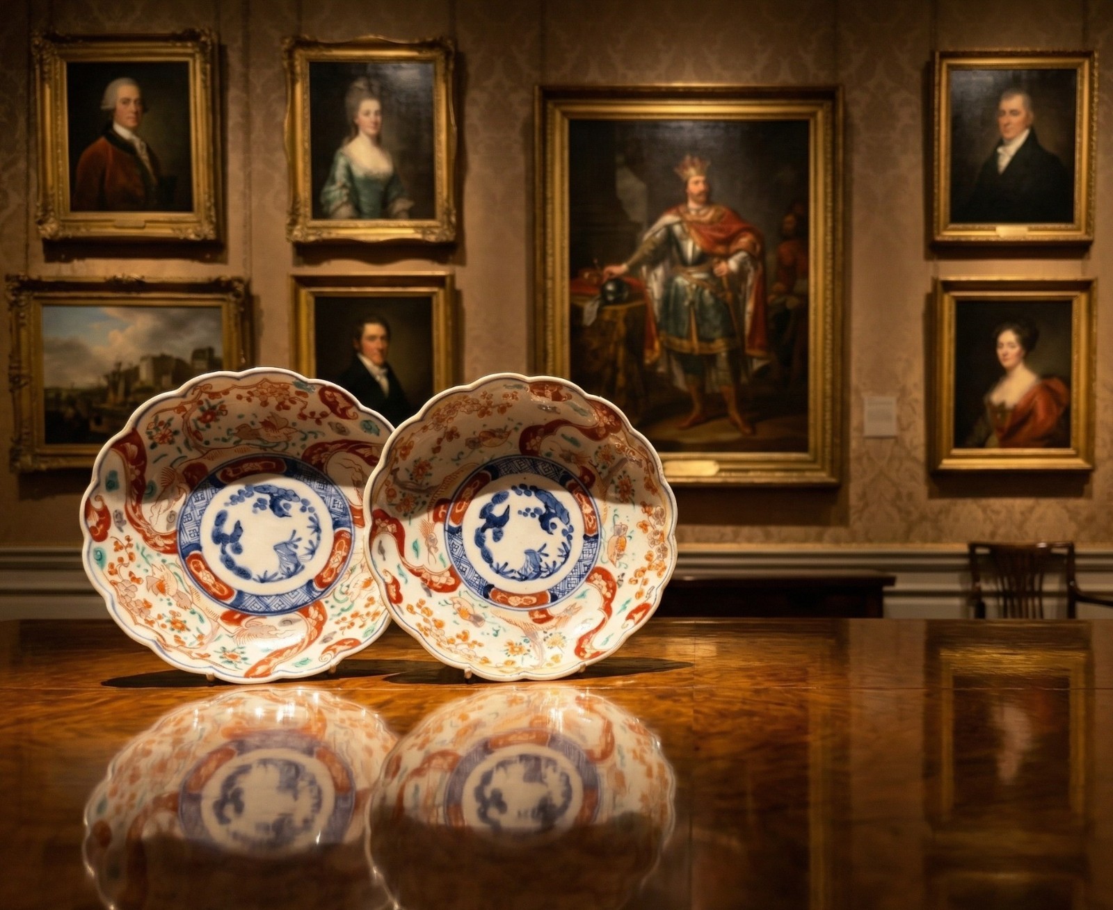 Fine Pair 18thC Japanese Edo Period Scallop Form Porcelain Imari Bowl Dish Plate