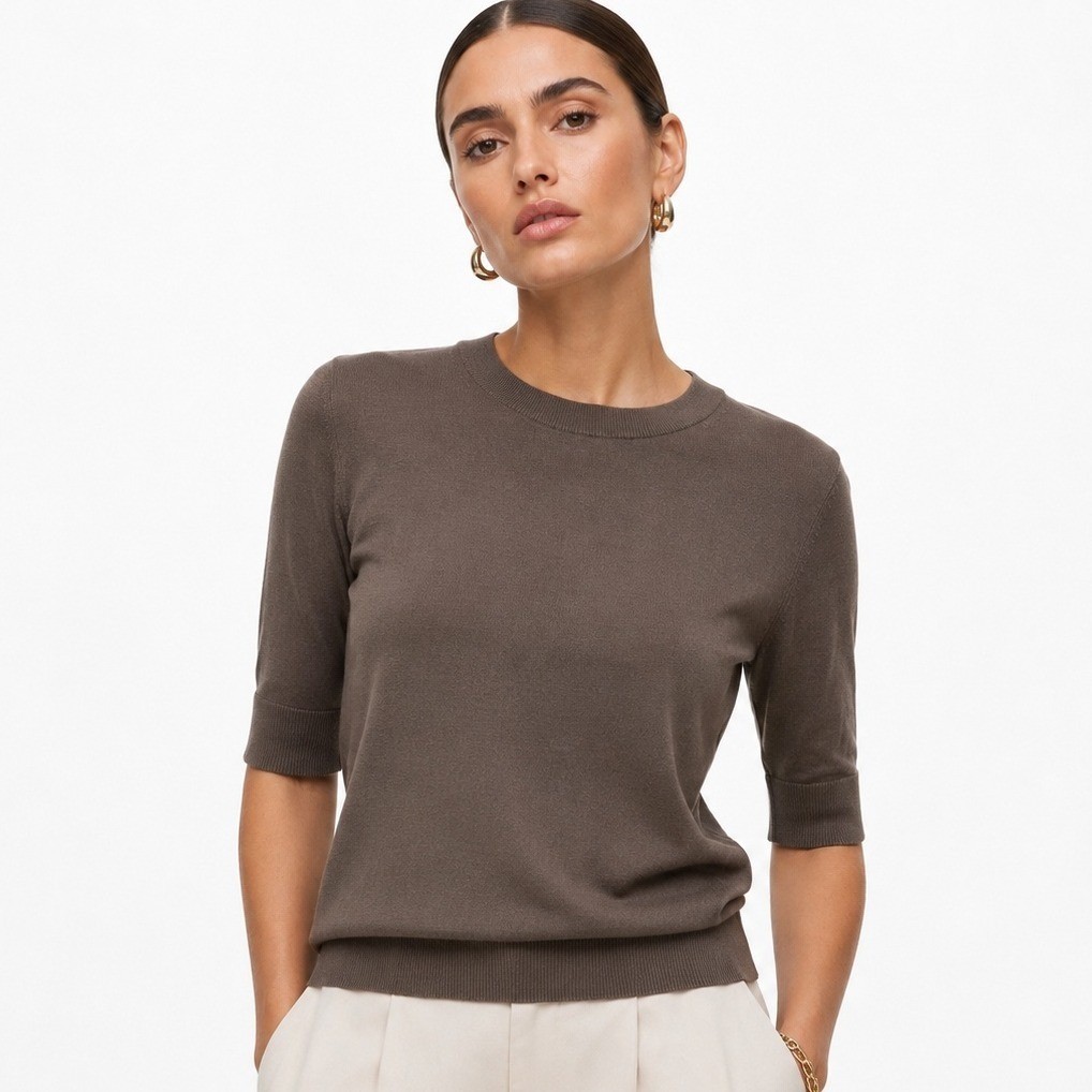 HM Premium Selection Pure Merino Wool Top Taupe Brown Elbow Sleeve Small NWT