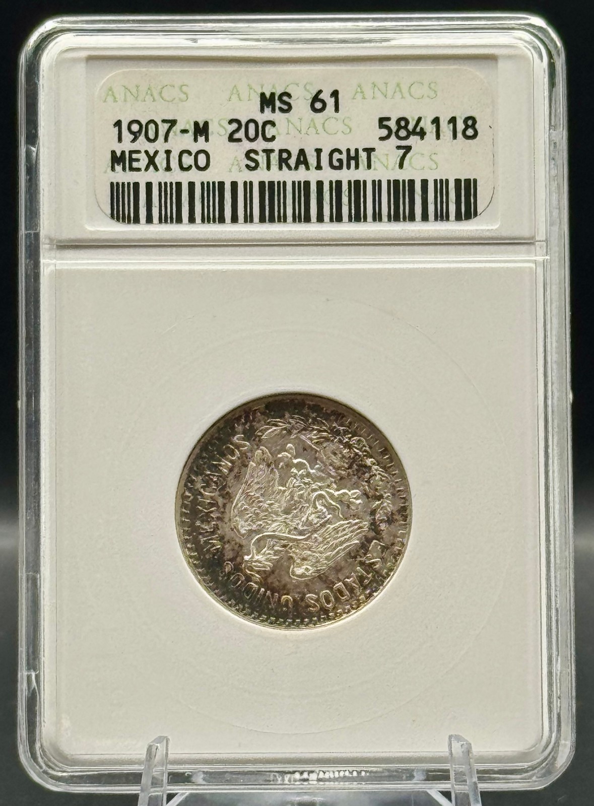 1907-M Mexico 20 Centavos ANACS MS61 Straight 7 Silver Soapbox Toned 1907-M Mexico 20 Centavos ANACS MS61 Straight 7 Silver Soapbox Toned