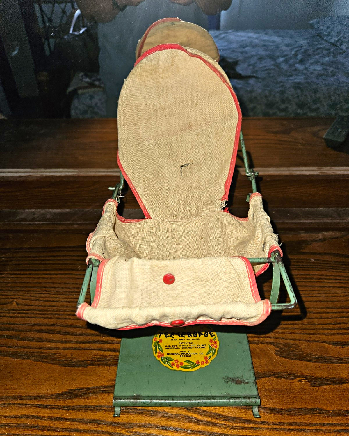 Salesman Model Teeterbabe Vintage Baby Buggy Metal & Fabric Seat Green/Beige/Red Salesman Model Teeterbabe Vintage Baby Buggy Metal & Fabric Seat Green/Beige/Red