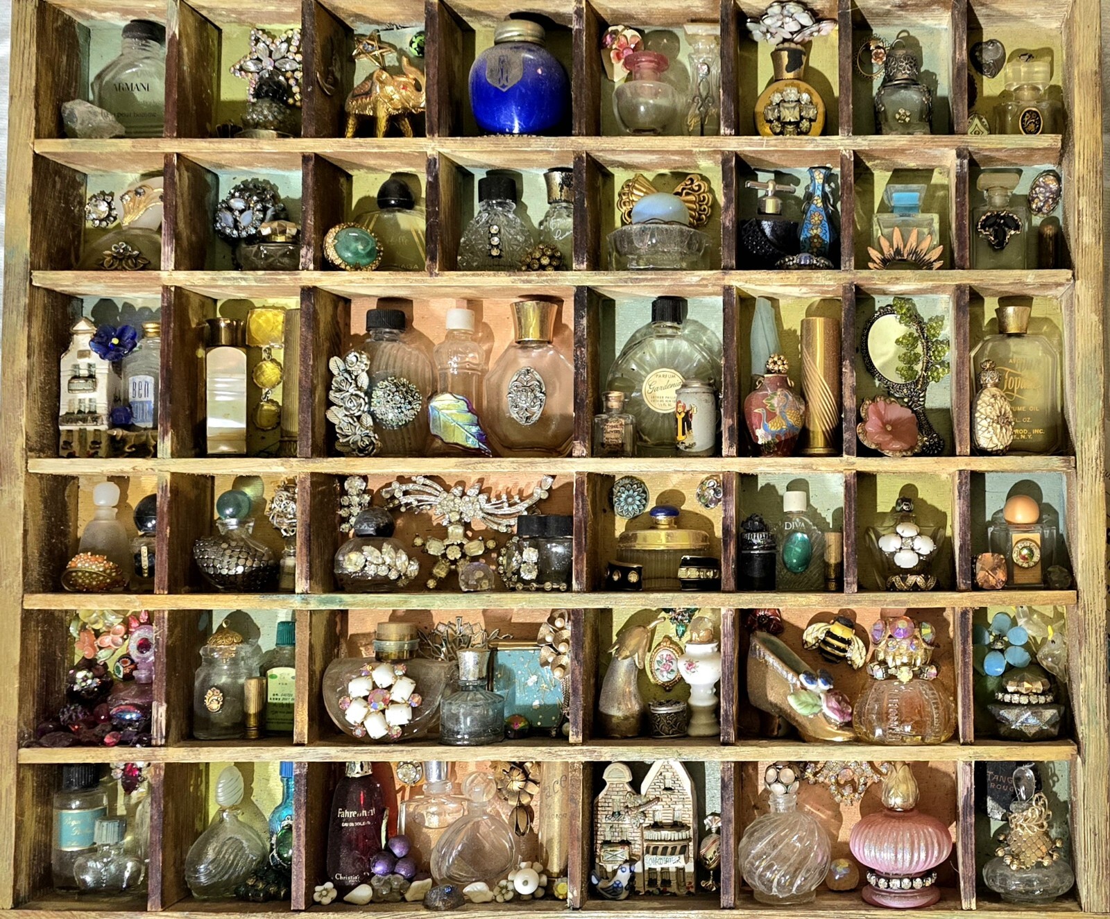 Handcrafted Vintage Mini Perfume Bottles Jewelry Figurines Wooden Shadow Box Handcrafted Vintage Mini Perfume Bottles Jewelry Figurines Wooden Shadow Box