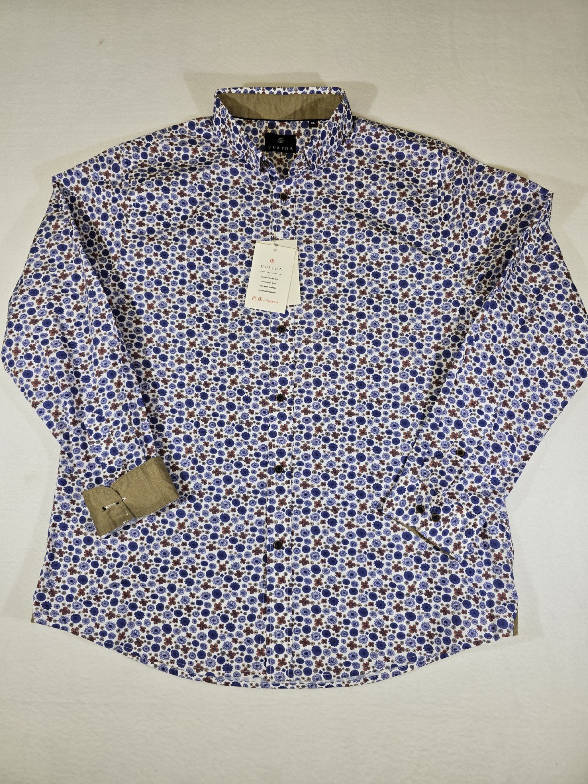 New Vustra Organic Cotton Mens Long Sleeve Button Up Mens XL Floral Shirt Navy New Vustra Organic Cotton Mens Long Sleeve Button Up Mens XL Floral Shirt Navy