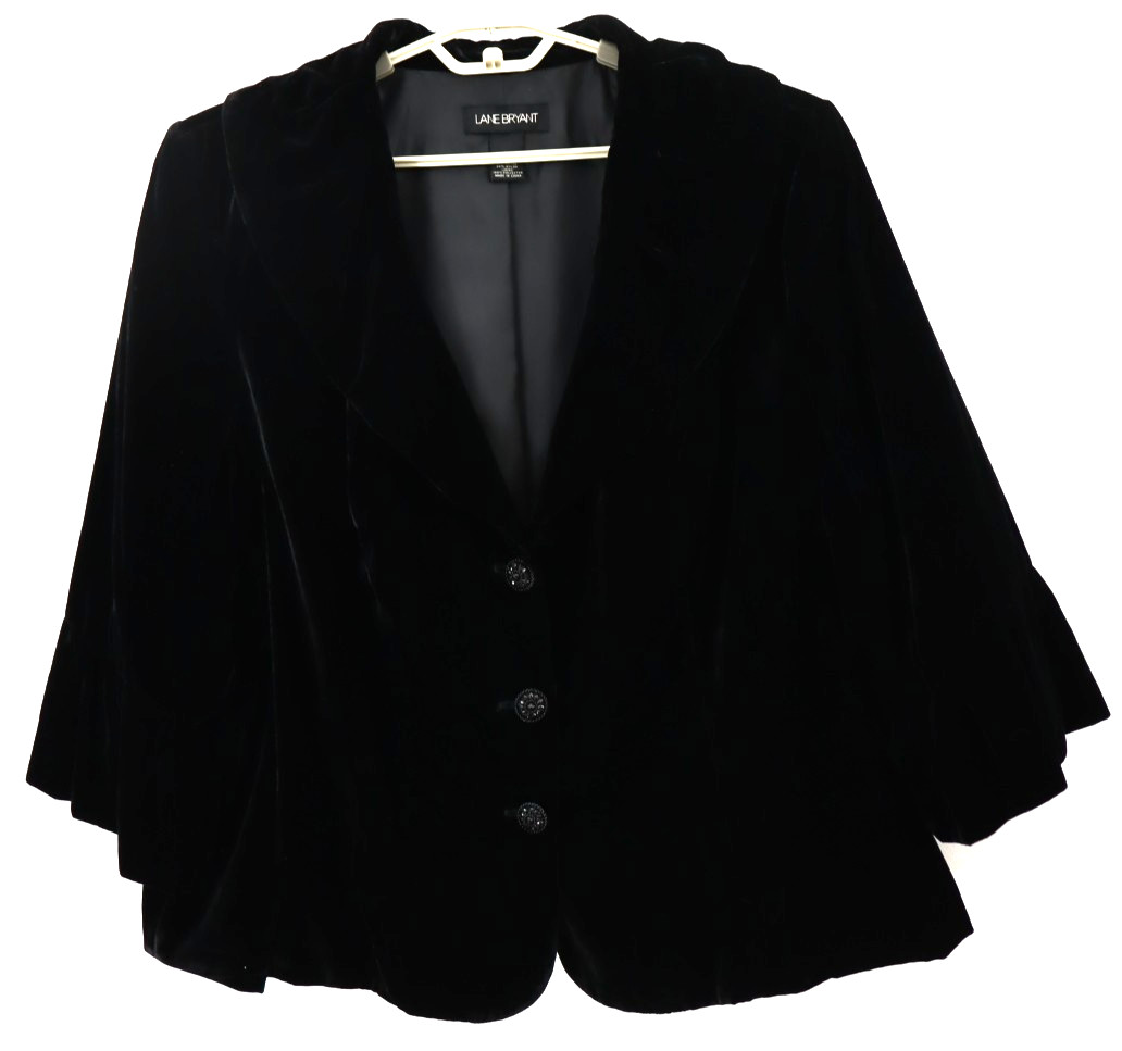 LANE BRYANT Women\'s Rayon Velvet Blazer Jacket 3/4 Sleeve Collared Black Size 26
