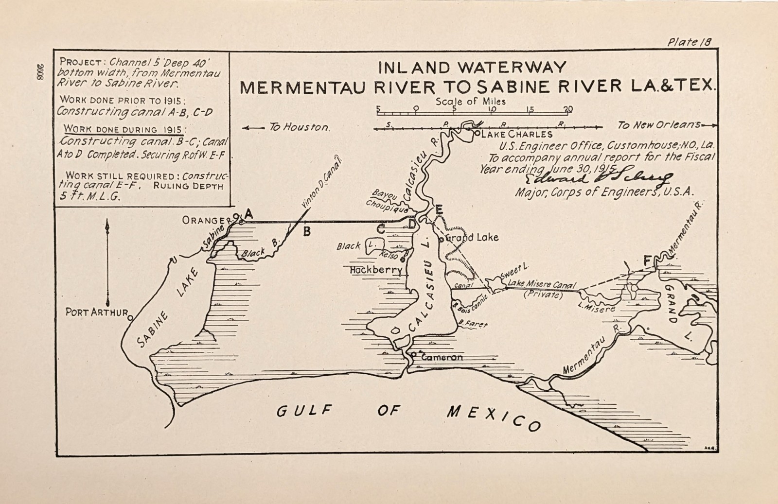 1915 SABINE RIVER - PORT ARTHUR Texas - MERMENTAU RIVER Louisiana Map