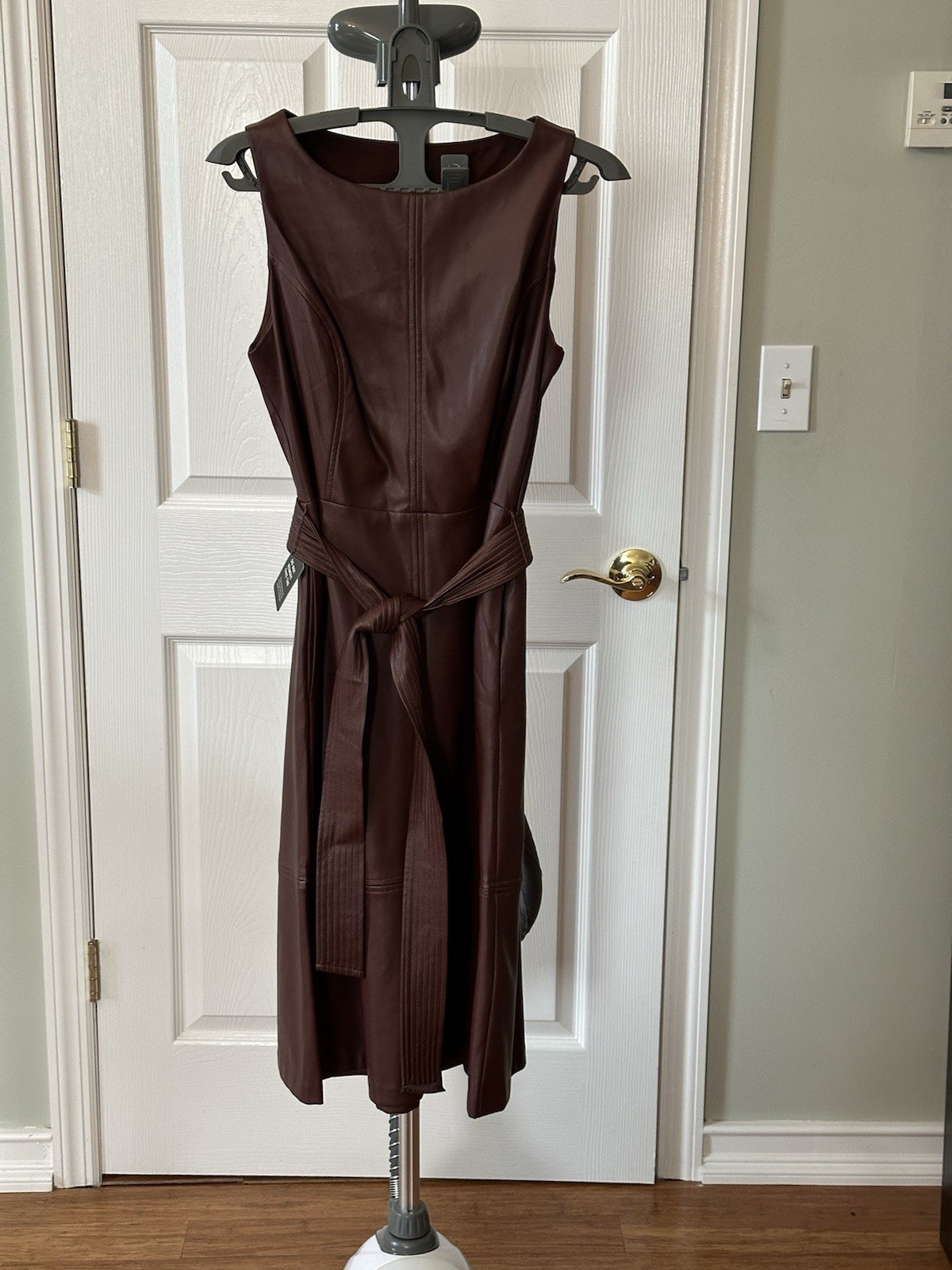 Express Brown Solid Faux Leather Sheath Midi Dress Round Neck Sleeveless S NWT