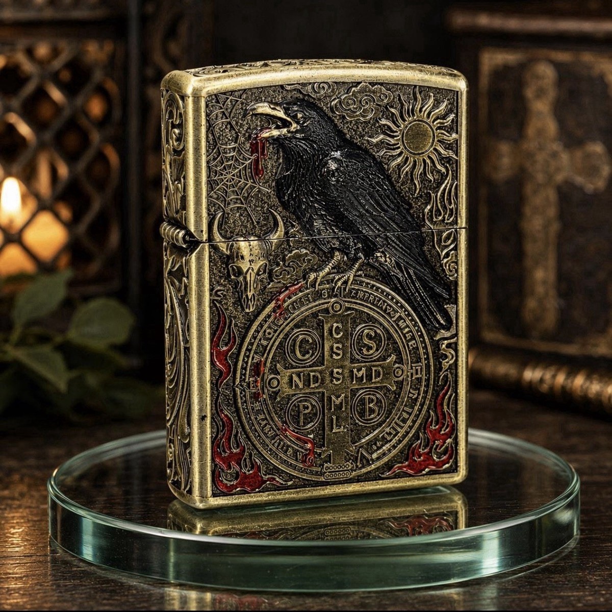 Antique Brass Raven & St. Benedict Coin Armor Lighter – Gift Box Included Antique Brass Raven & St. Benedict Coin Armor Lighter – Gift Box Included