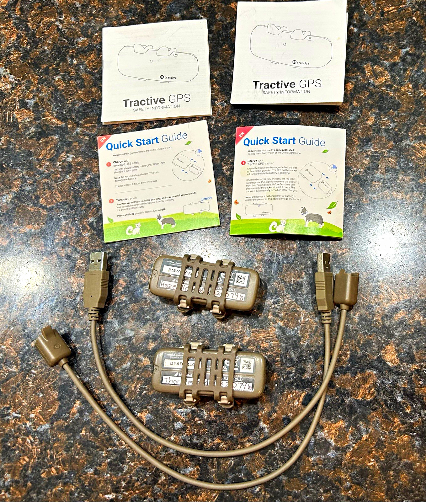 2 Tractive GPS Cat Tracker Tag Rechargeable w/ 2 USB Cables & Quick Start Guides