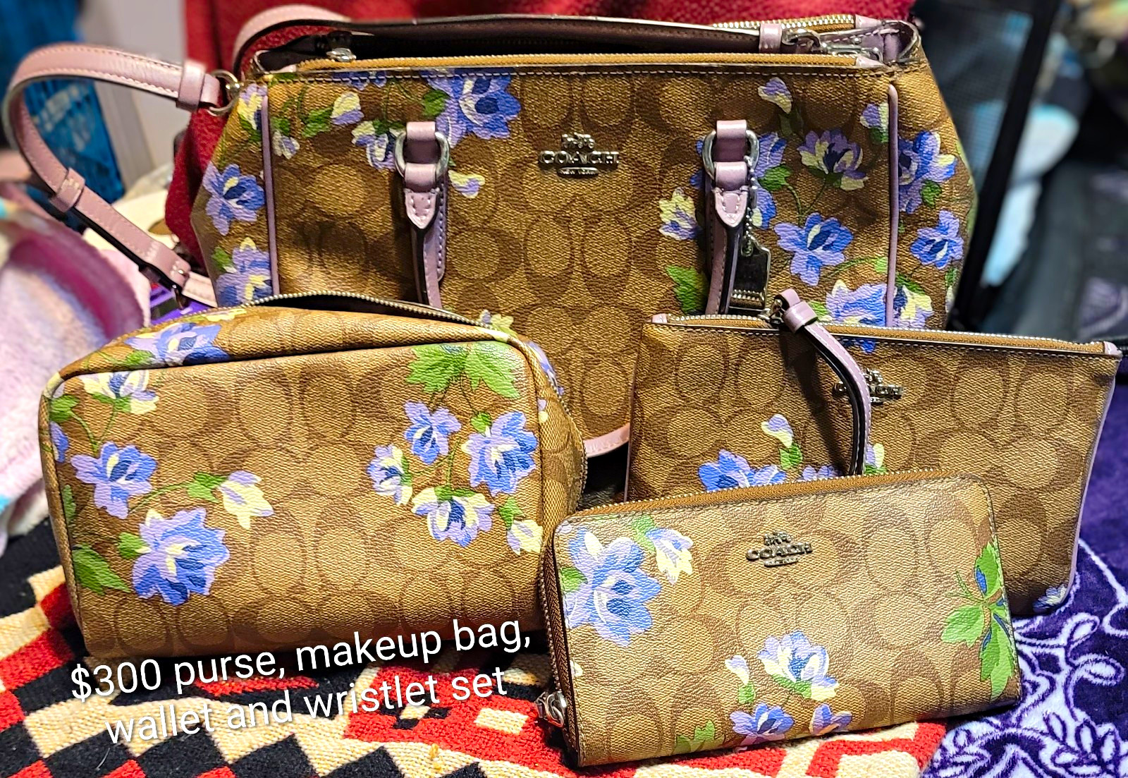 Coach Signature Floral Brown Satchel Set w/ Wristlet Wallet Makeup Bag
