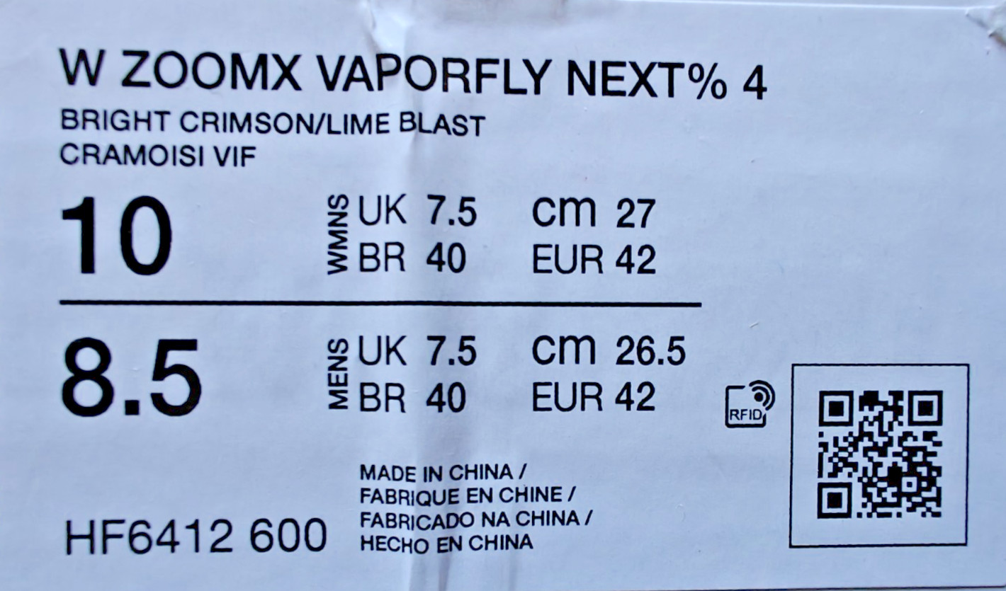 Size M-8.5/W-10 NK ZoomX Vaporfly Next% 4 Unisex Running Shoes Crimson HF6412600