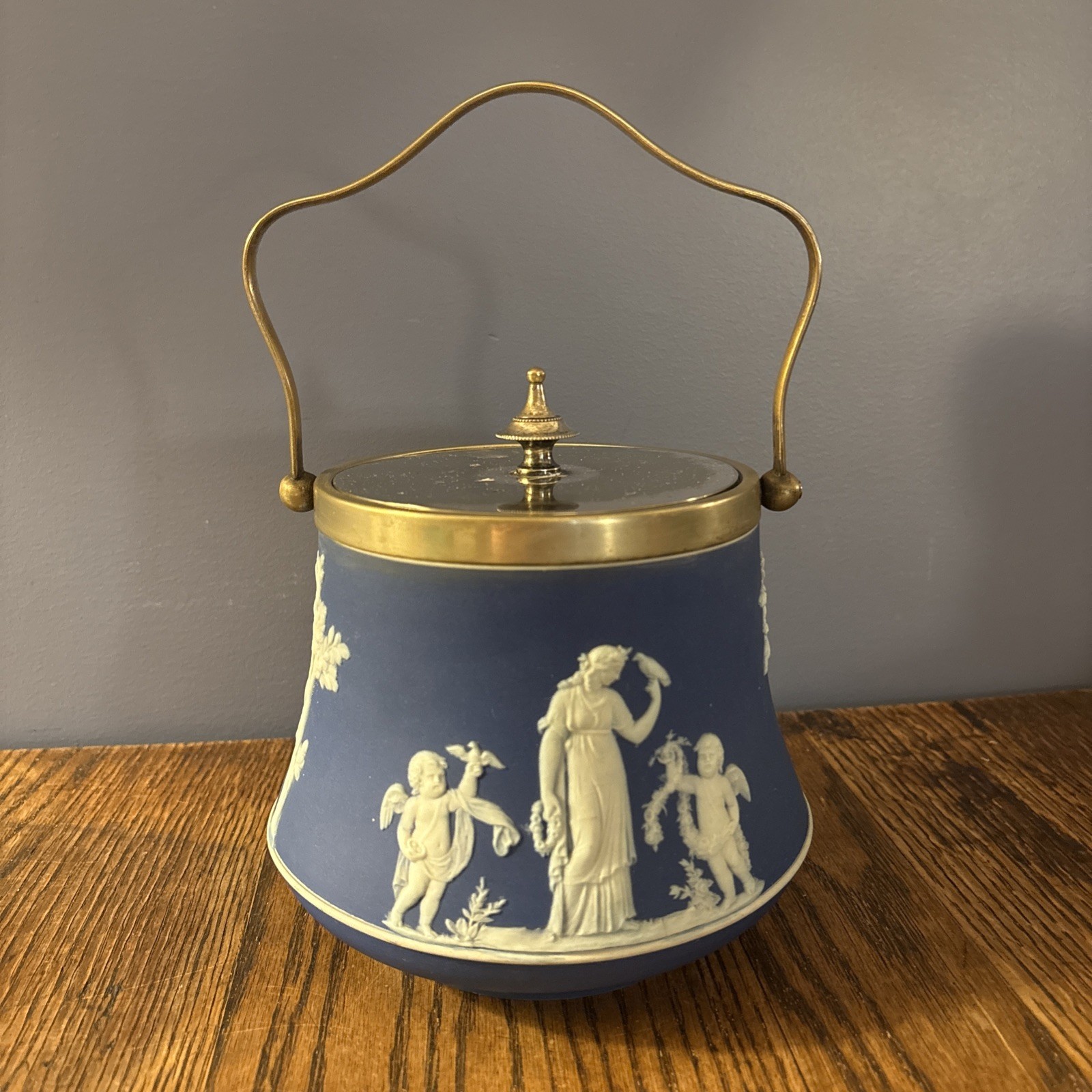 Antique Wedgwood Dark Blue Jasperware Biscuit Barrel EPNS Silver Plate England