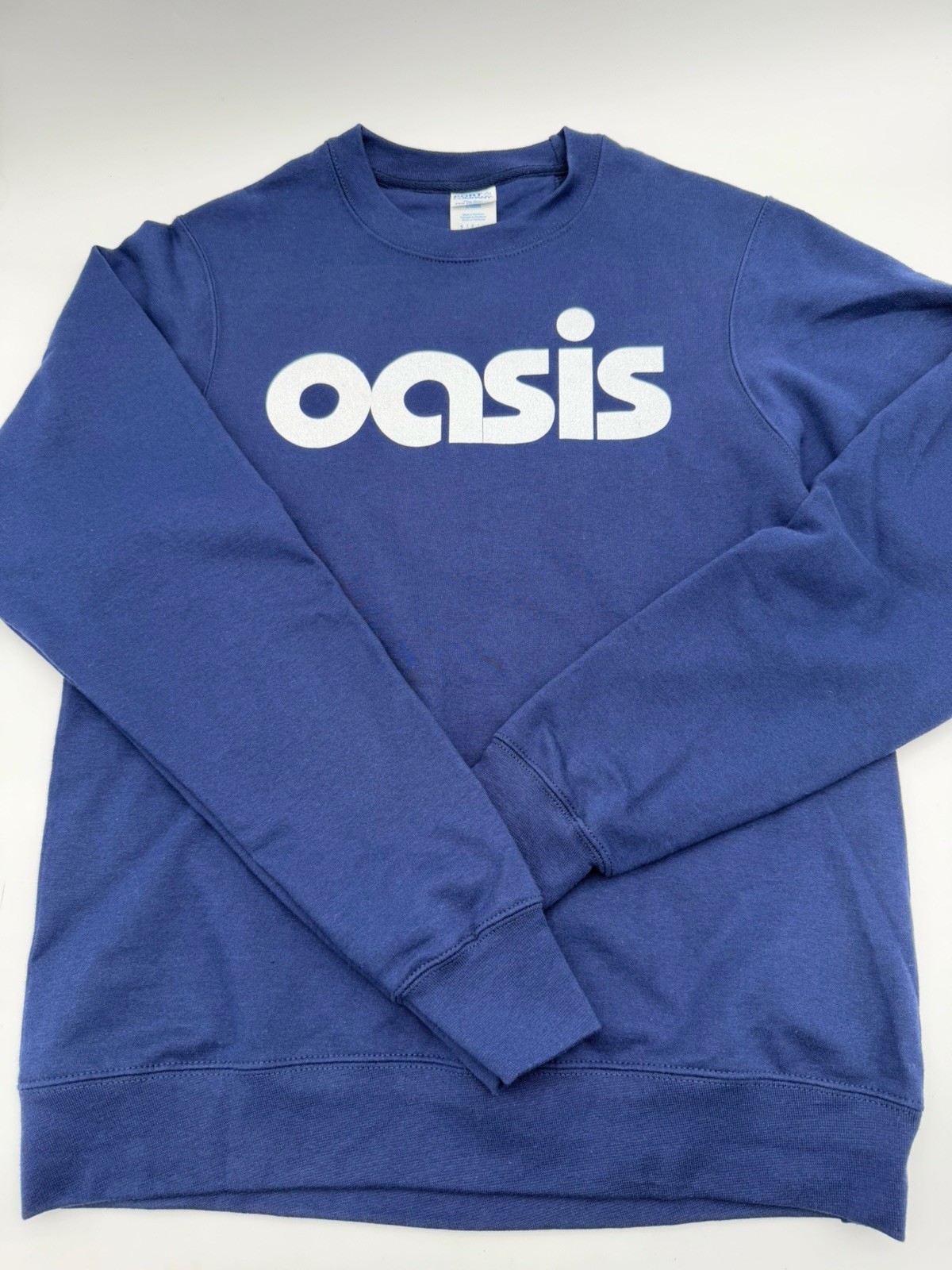 Vintage Woman’s Petite Small Oasis White Logo On Navy Blue Sweatshirt