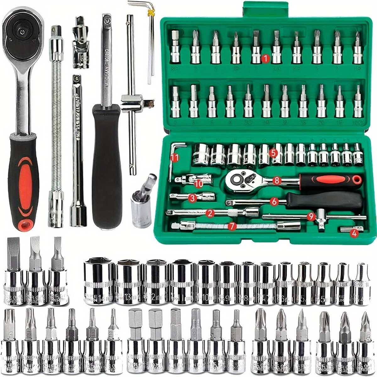 46pc Socket Wrench Set 1/4in Drive Ratchet Metric Car Repair Tool Kit Garage US
