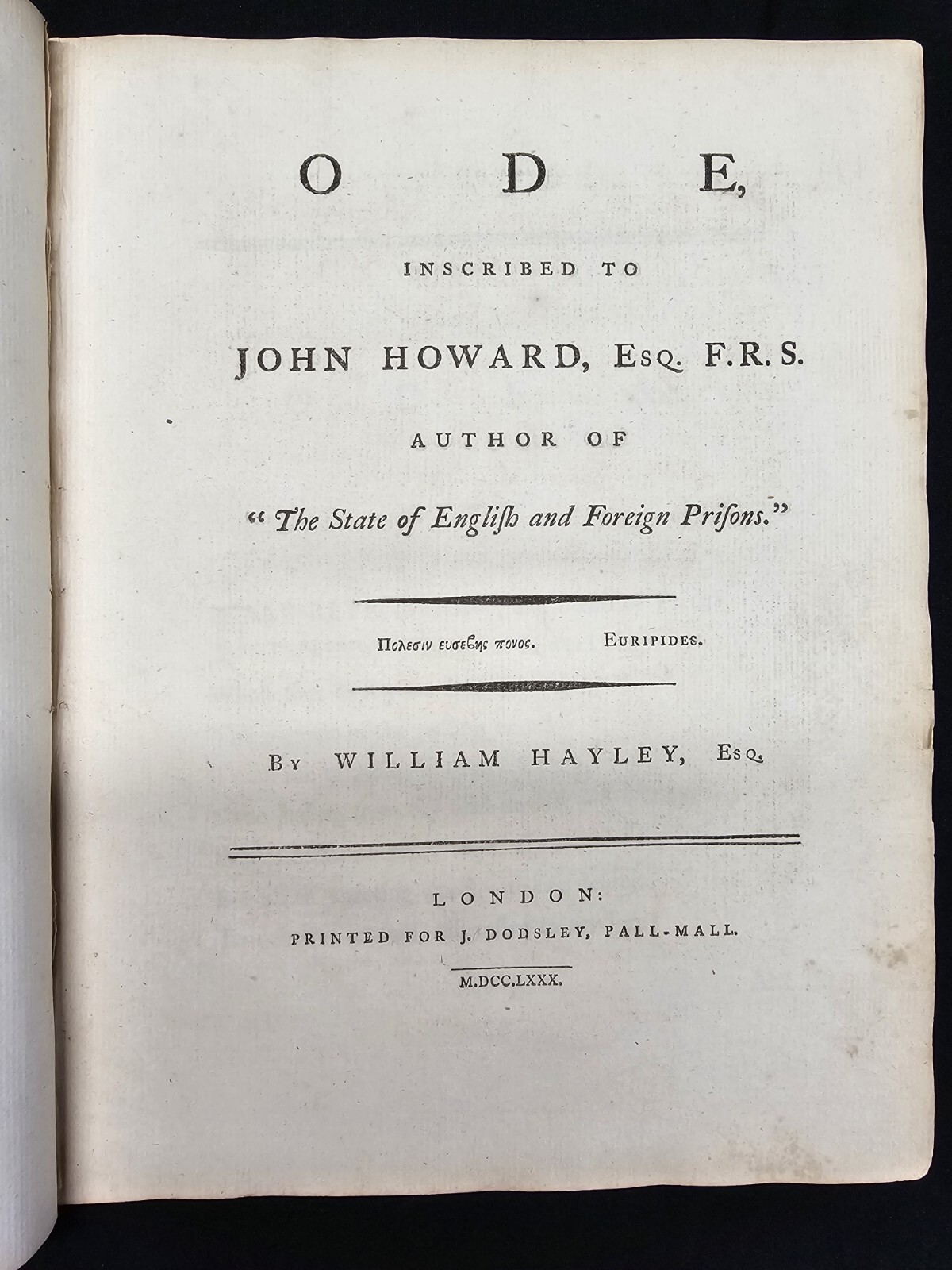 1780 HAYLEY Ode Inscribed to John Howard, Esq FIRST EDITION Rare POETRY Prisons
