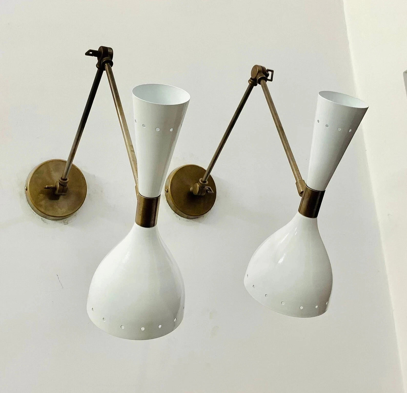 1950's Mid Century Italian Brass Diabolo Wall Sconce Pair 2-Light Fixture Lamp