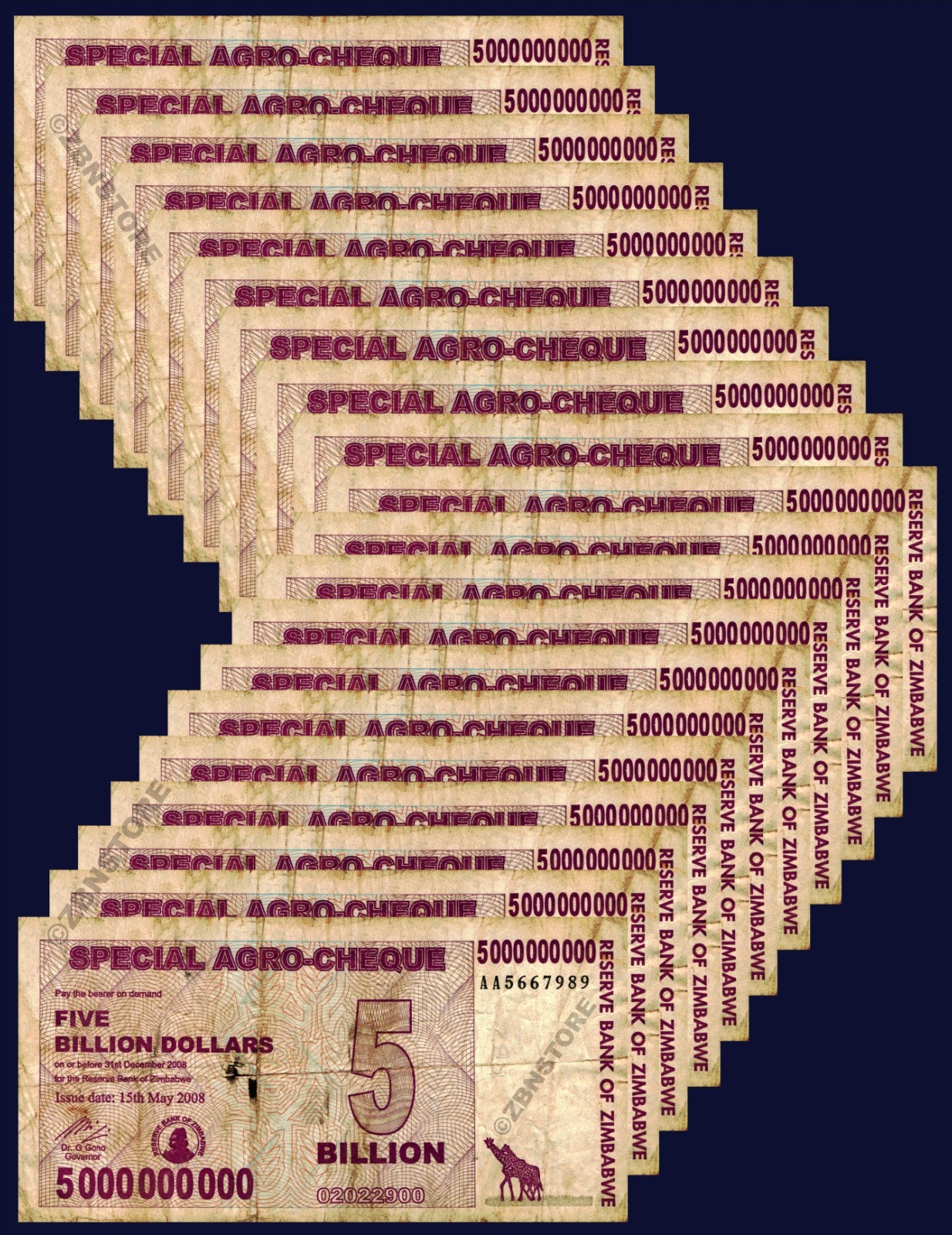 20 x 5 Billion Dollars Zimbabwe Special Agro Cheque Damaged 2008 Authentic + COA