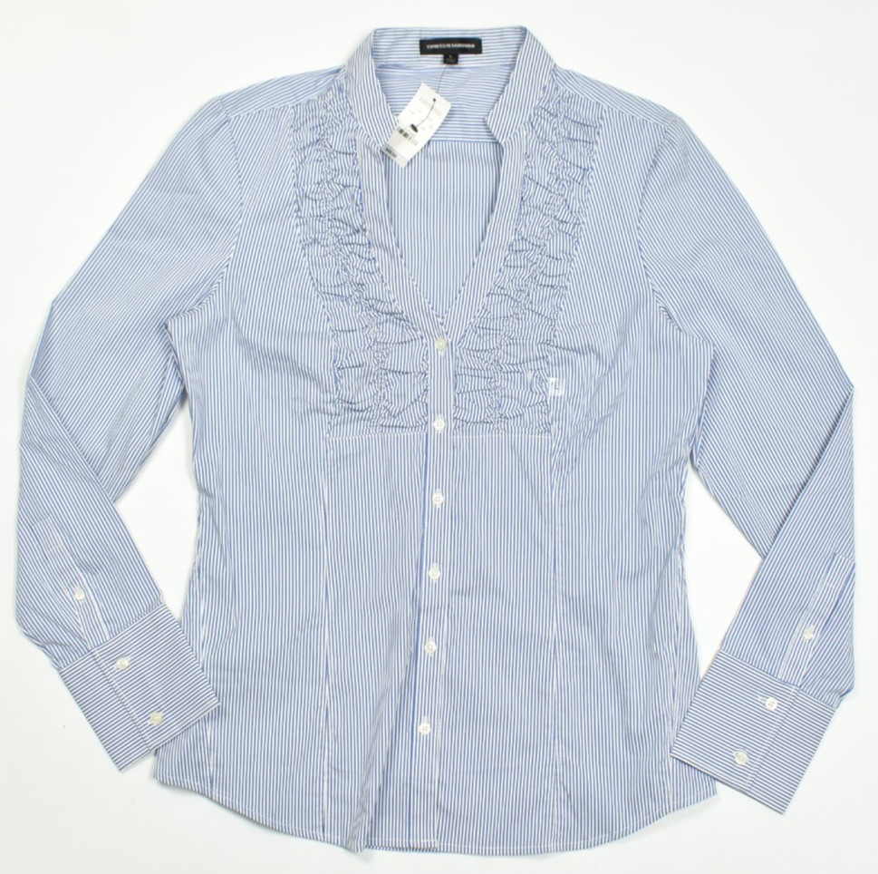 Express Design Studio Womens L Blue White Stripe Ruffle V-Neck Blouse Top NWT Express Design Studio Womens L Blue White Stripe Ruffle V-Neck Blouse Top NWT