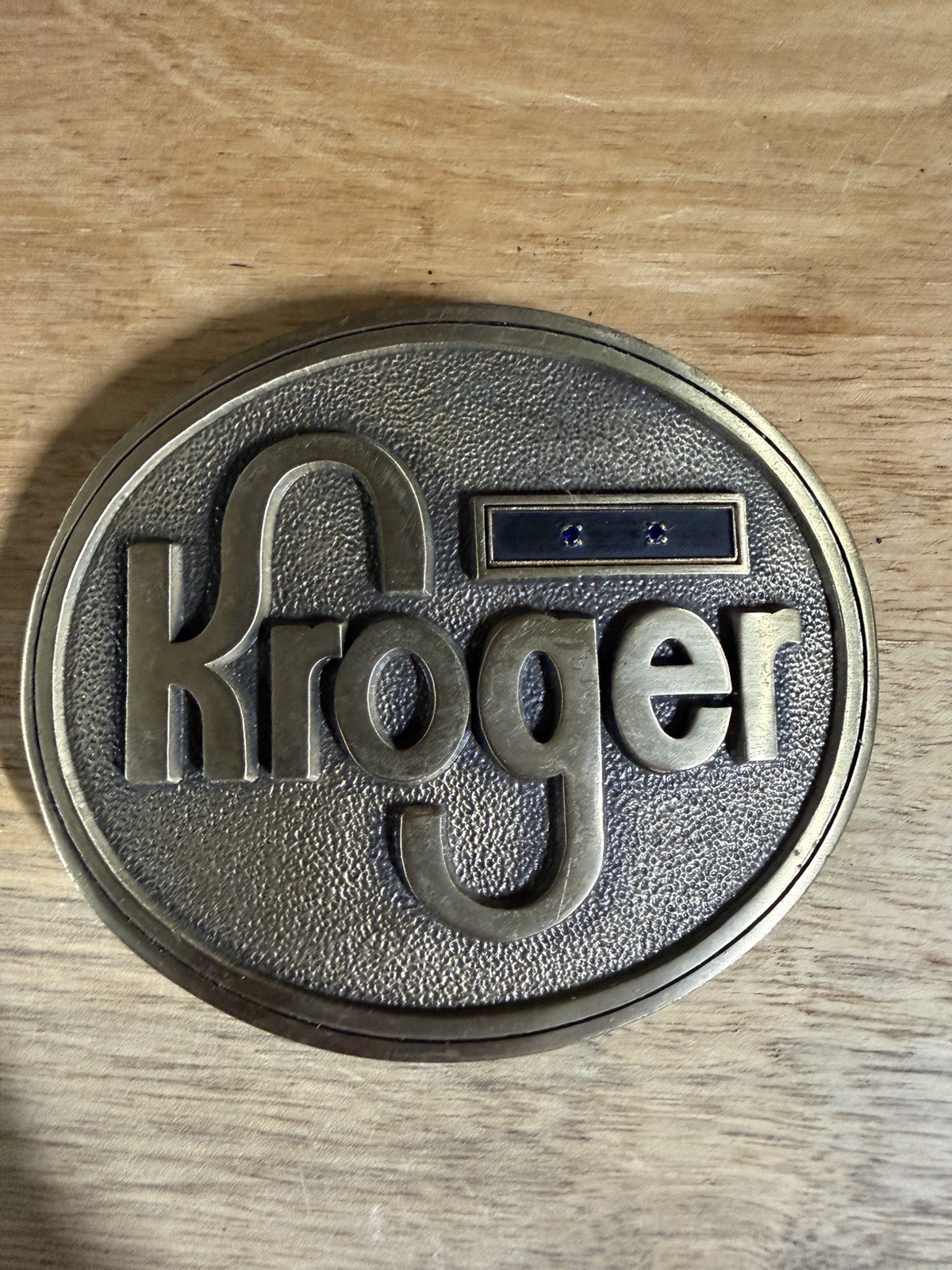 RARE Vintage 1981 Solid Brass Kroger Belt Buckle With Blue Stones RARE Vintage 1981 Solid Brass Kroger Belt Buckle With Blue Stones