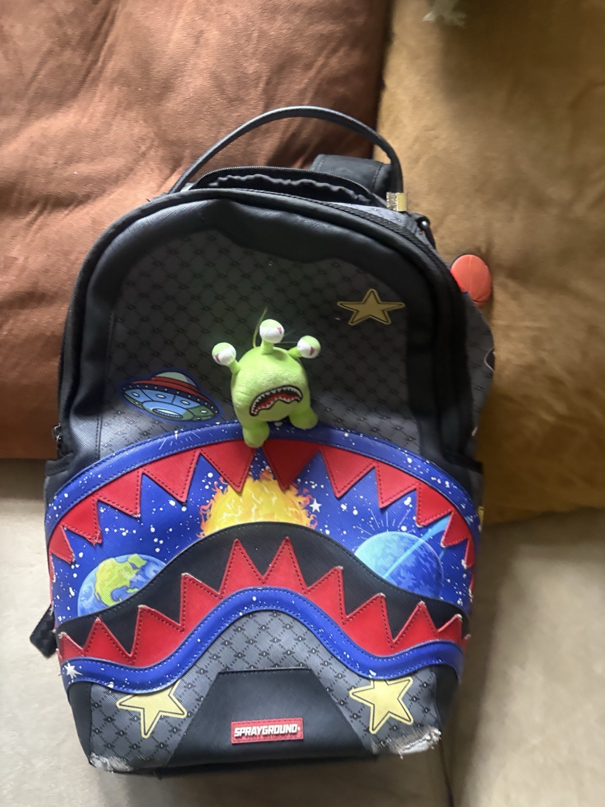Sprayground Alien Space Shark Backpack Black Blue Red Graphic Bookbag