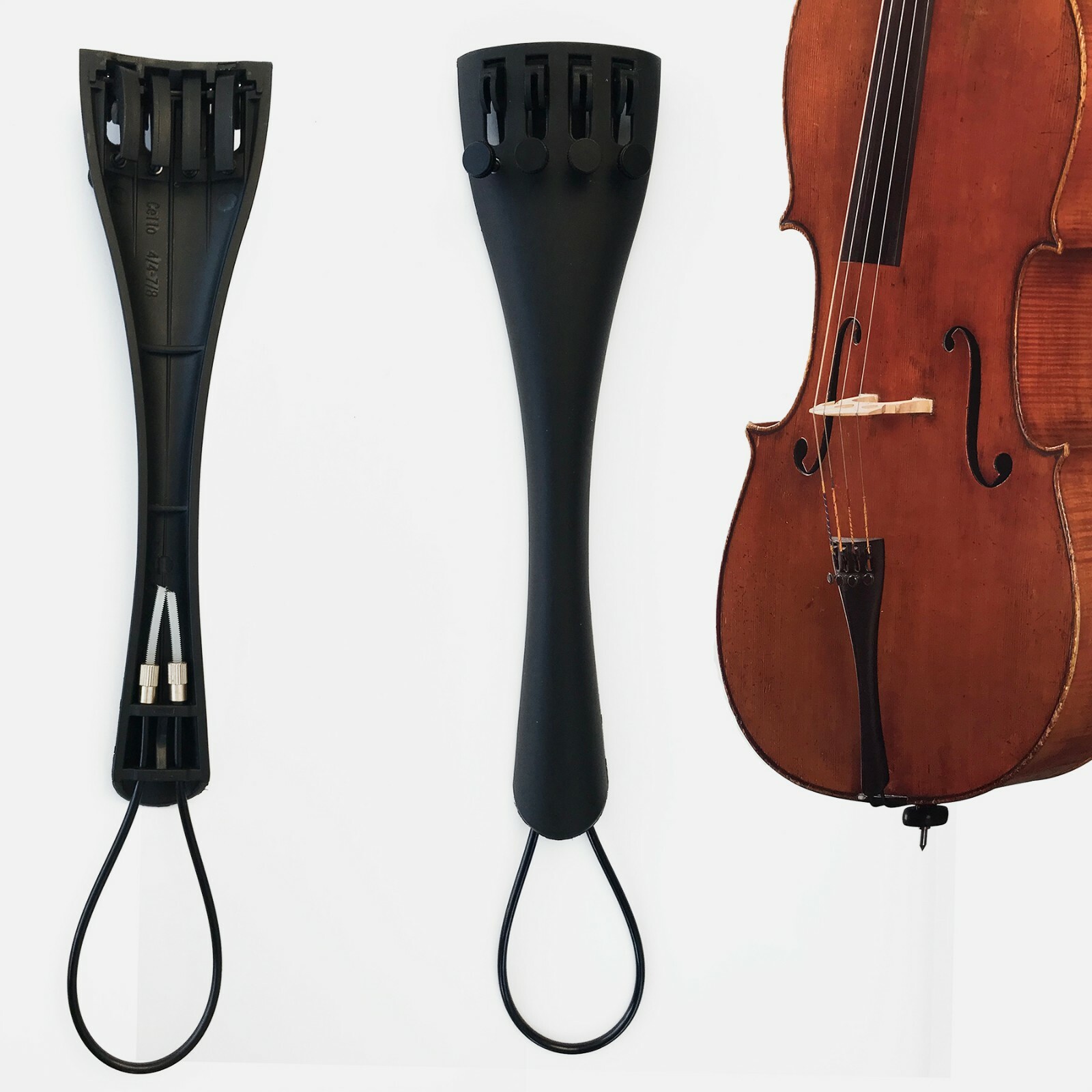 New 4/4 CELLO Full Size Alloy Tailpiece with Four Fine Tuners and Tail Gut Cord
