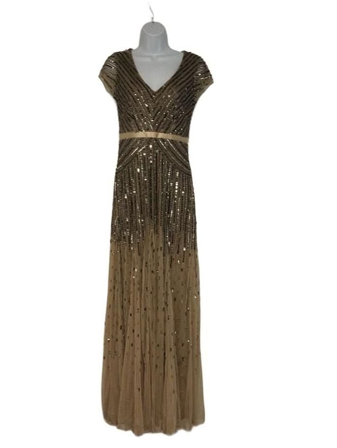 Adrianna Papell Beaded Dress Size 2 Gold Cap Sleeve Maxi Gown Adrianna Papell Beaded Dress Size 2 Gold Cap Sleeve Maxi Gown