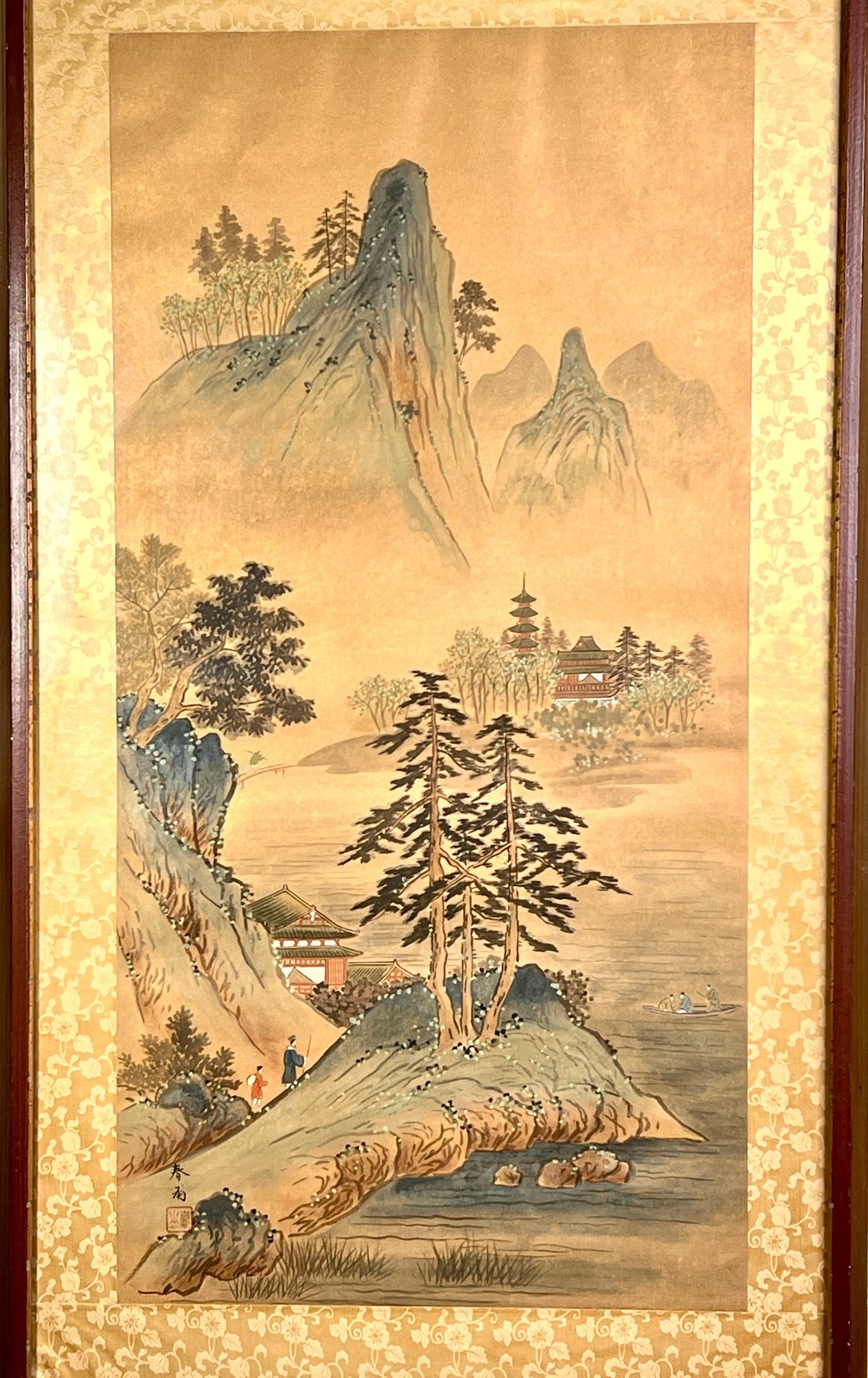 VTG Japanese Watercolor Gouache Painting Pagoda Landscape 43