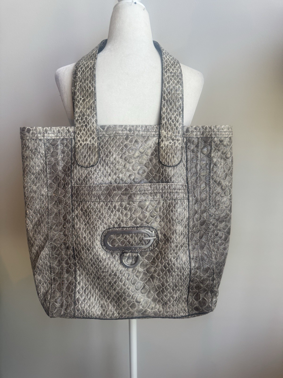 Vintage y2k GUESS Gray Snake Print Embossed LARGE Tote