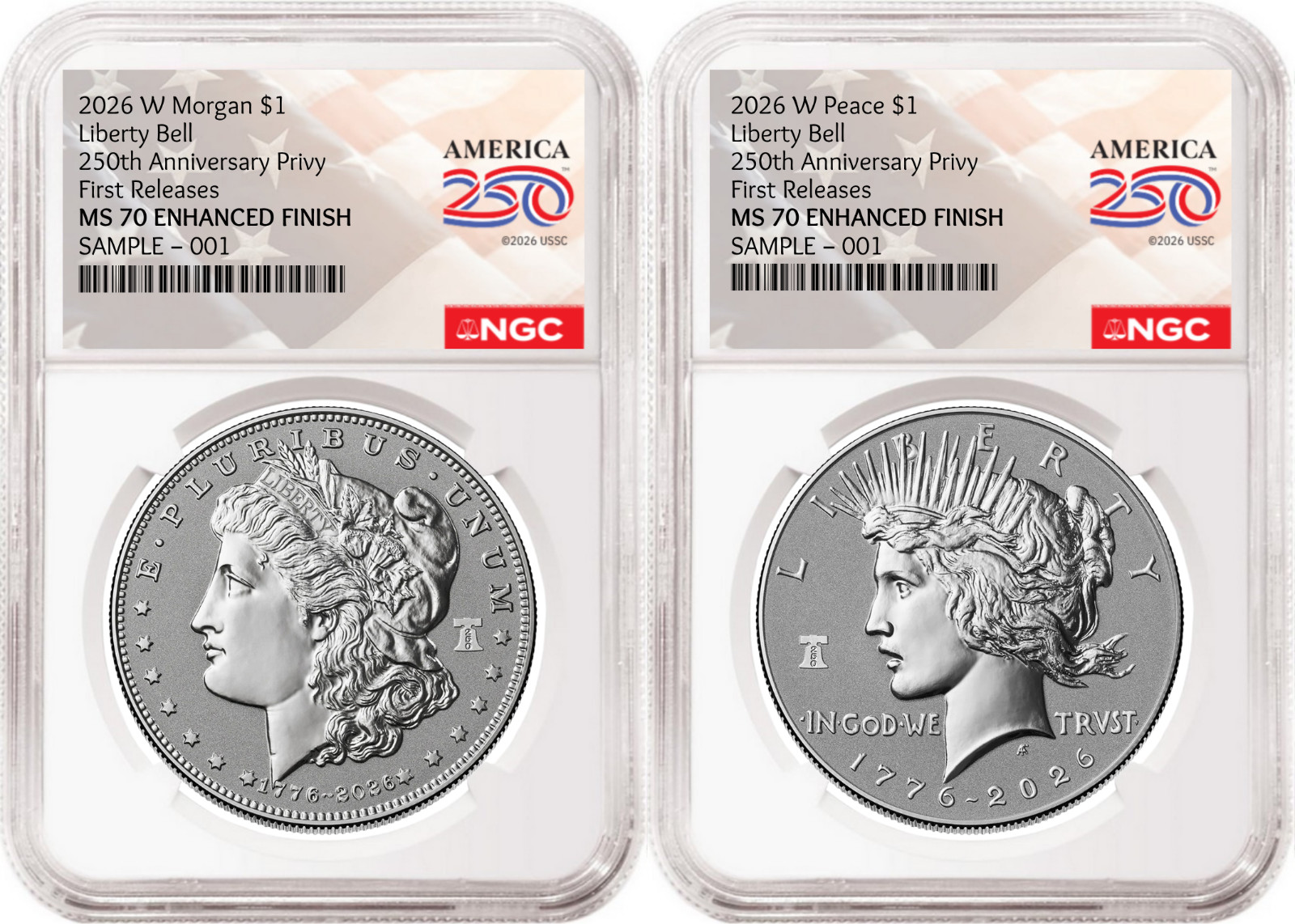 2 Coin Set 2026 Morgan Peace Enhanced 250th Privy NGC MS70 FR Flag Pre-Sale3