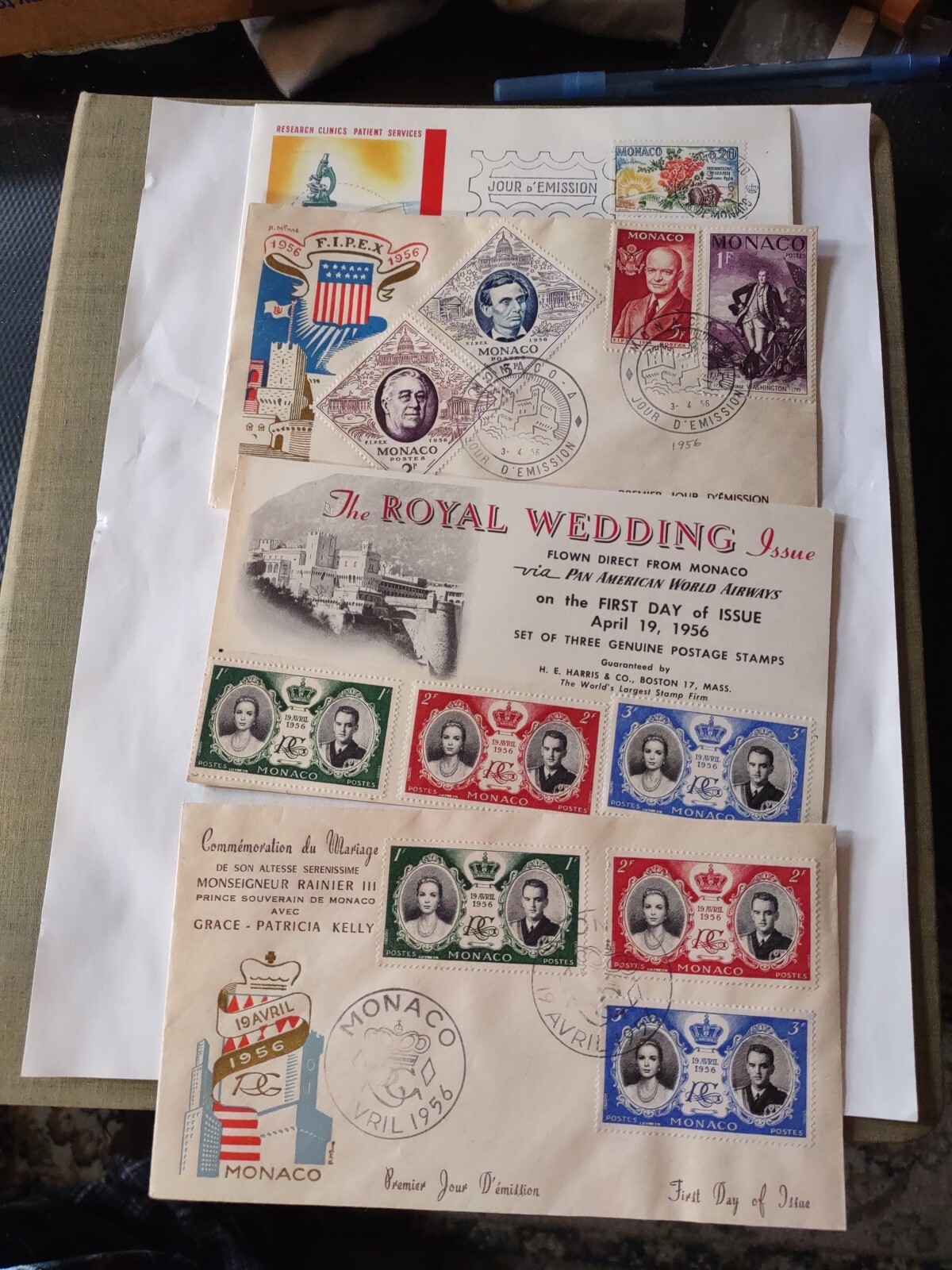 Monaco Royal Wedding & F. I.P. E X. 1956 First Day Covers + 1 Other Envelope Monaco Royal Wedding & F. I.P. E X. 1956 First Day Covers + 1 Other Envelope
