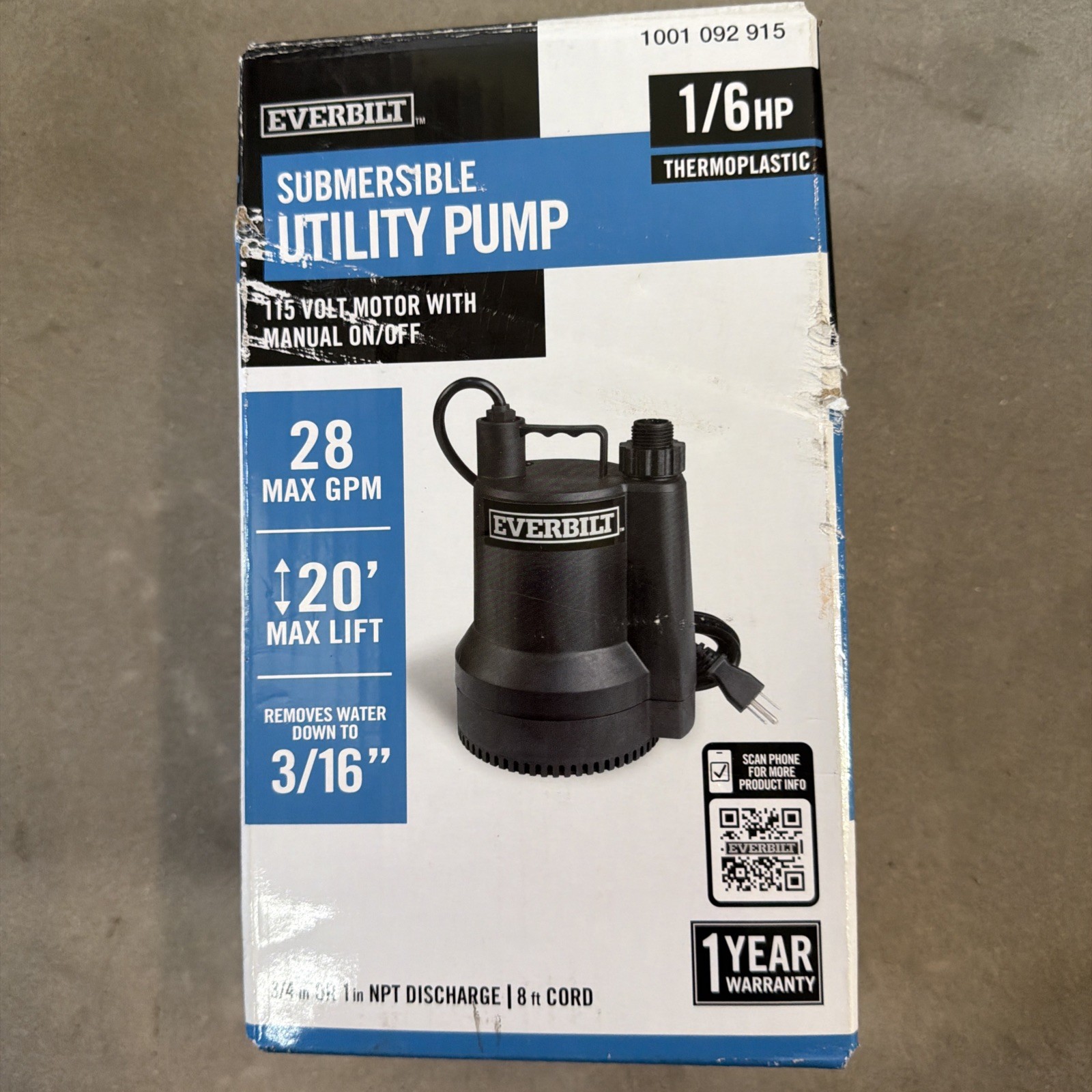Everbilt 1/6 HP Submersible Utility Water Pump SUP54-HD NEW Open Box 1001092915