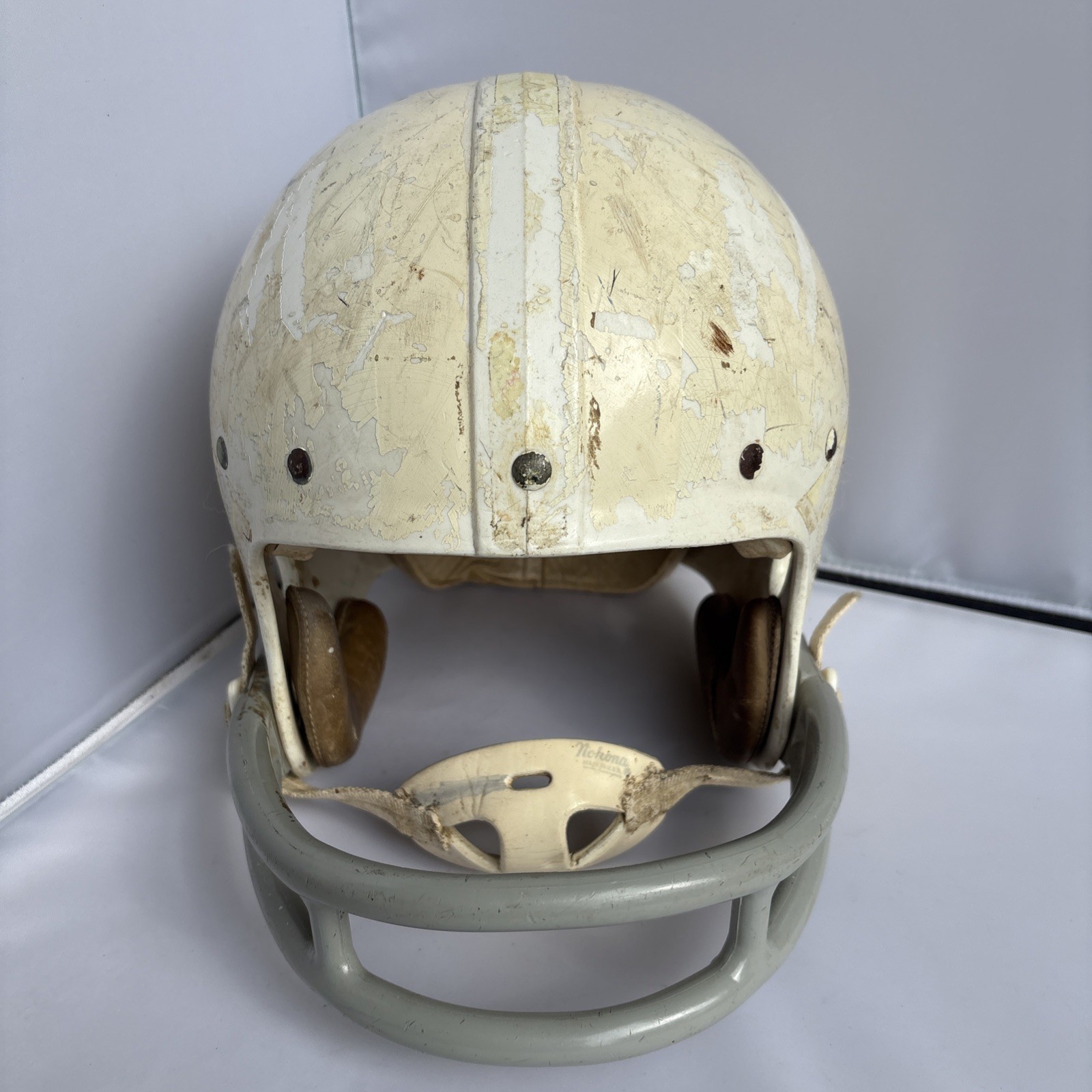 Vintage Nokona Football Helmet White Made In USA N5-70 Soft Chin Strap Grey Mask