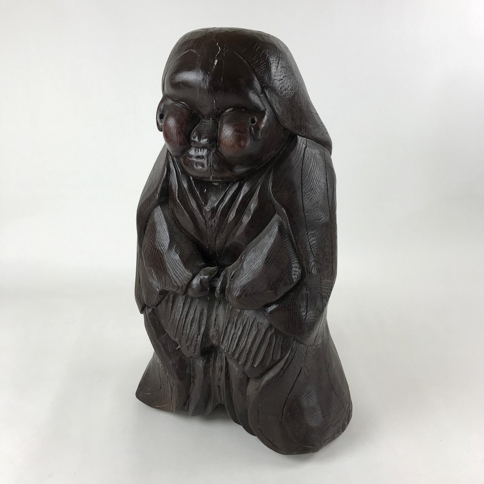 Japanese Solid Wood Statue Billiken Vtg Osaka Symbol Good Luck God Brown BD945