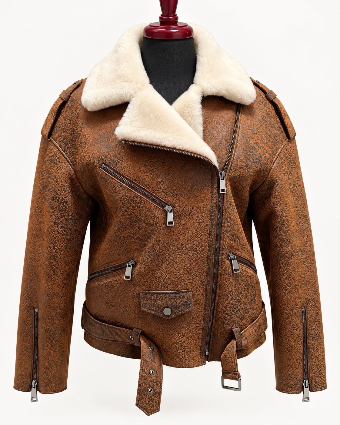 Women’s Genuine Shearling Jacket Brown Leather Biker Moto Coat Ivory Fur Collar