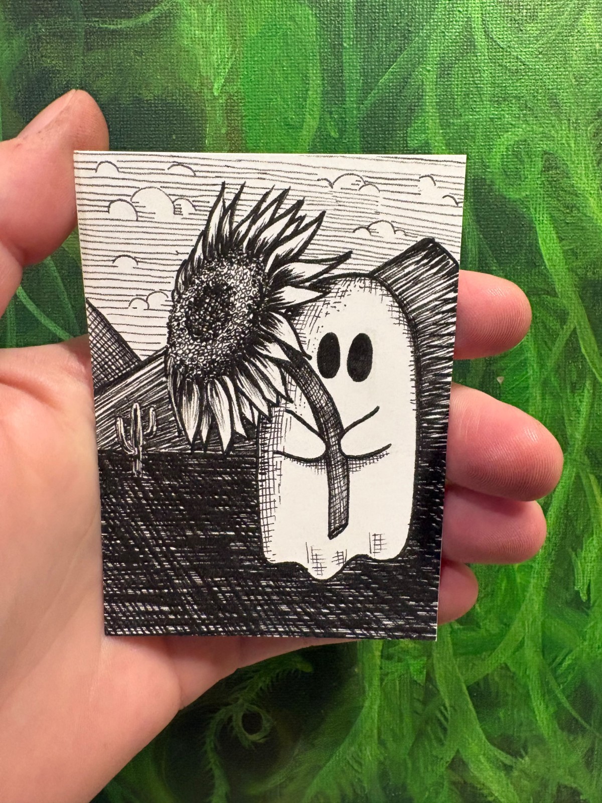 ACEO Original PRINT Art Card Sunflower Ghost Bubble And Squeak