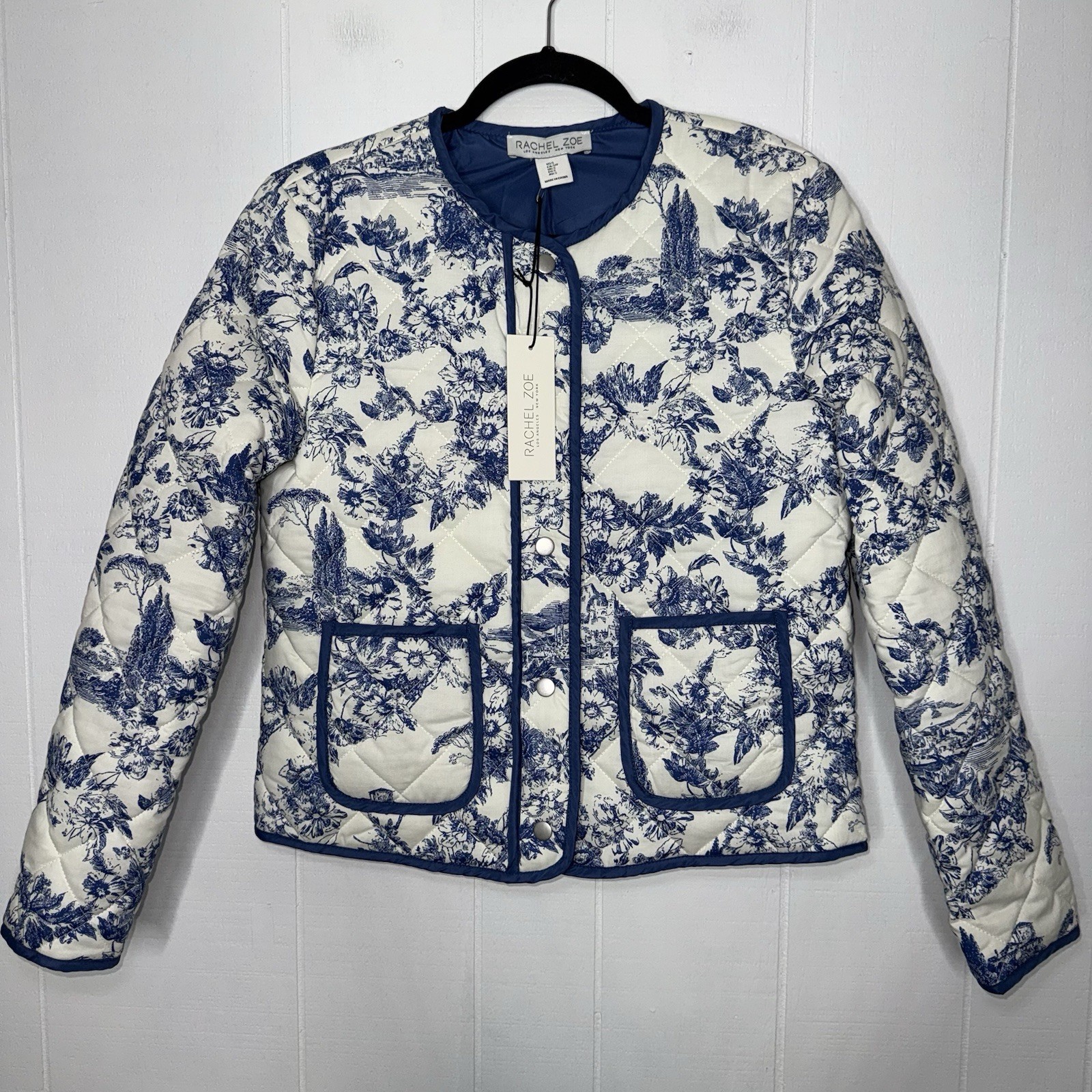 Rachel Zoe Women’s Quilted Jacket Blue Floral Toile Print Size S NWT