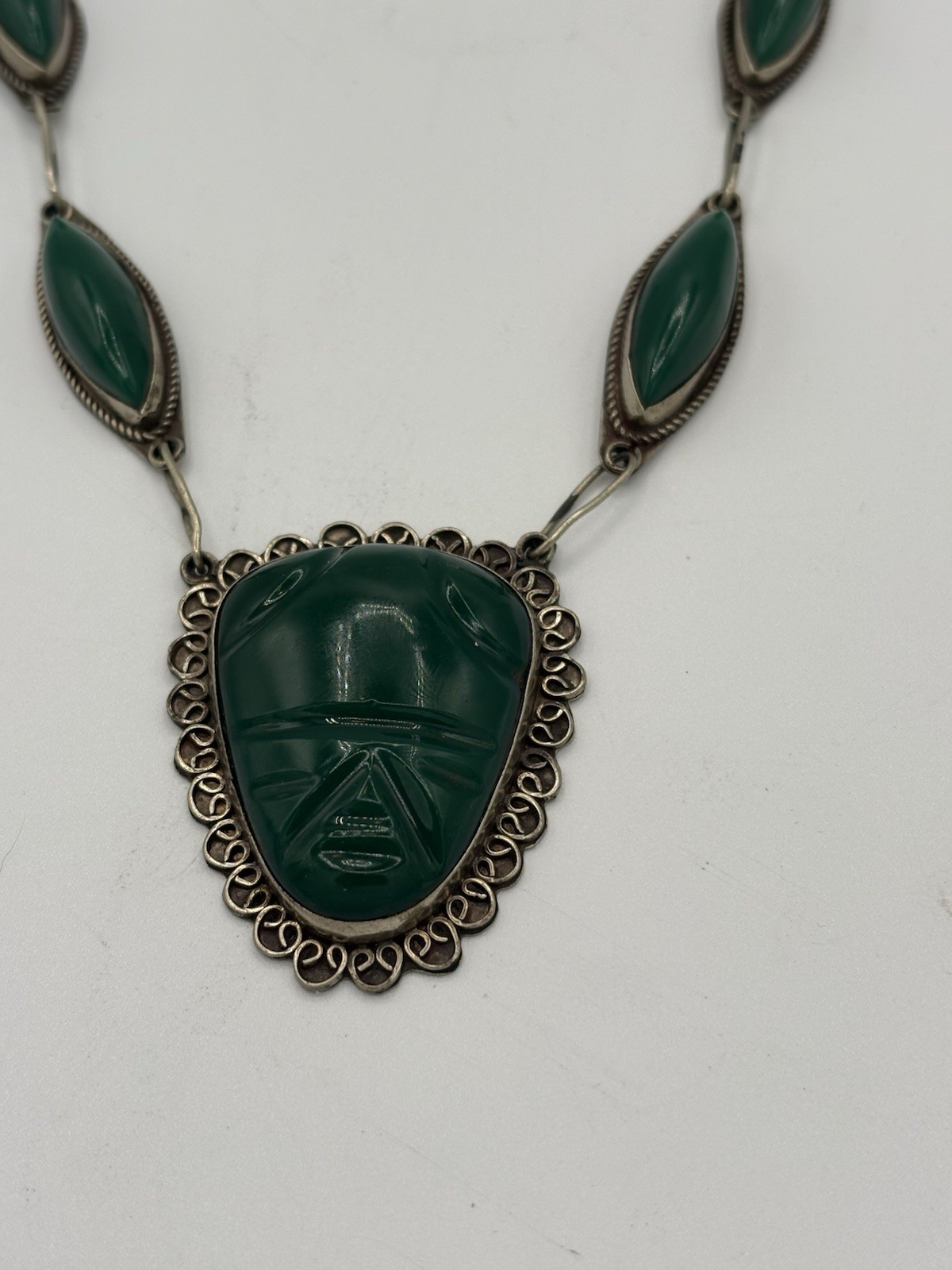 Vintage Mexico Sterling Silver Green Onyx Aztec Mayan Mask Necklace 44.9g