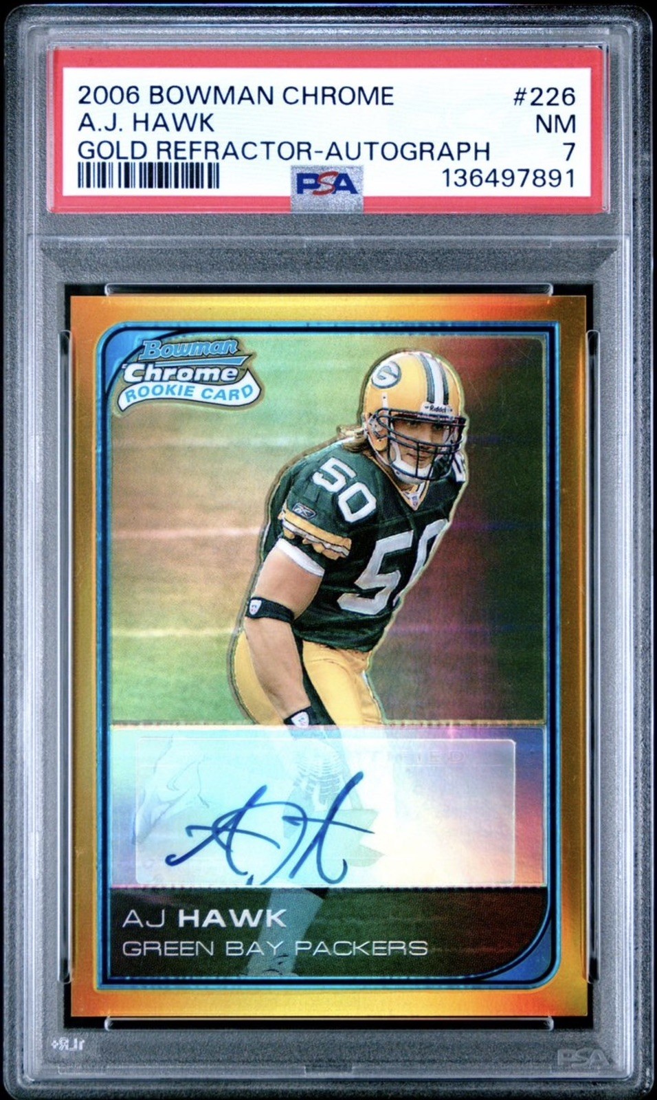 2006 Bowman Chrome AJ Hawk Gold Refractor Rookie Autograph Auto RC #48/50 PSA 7