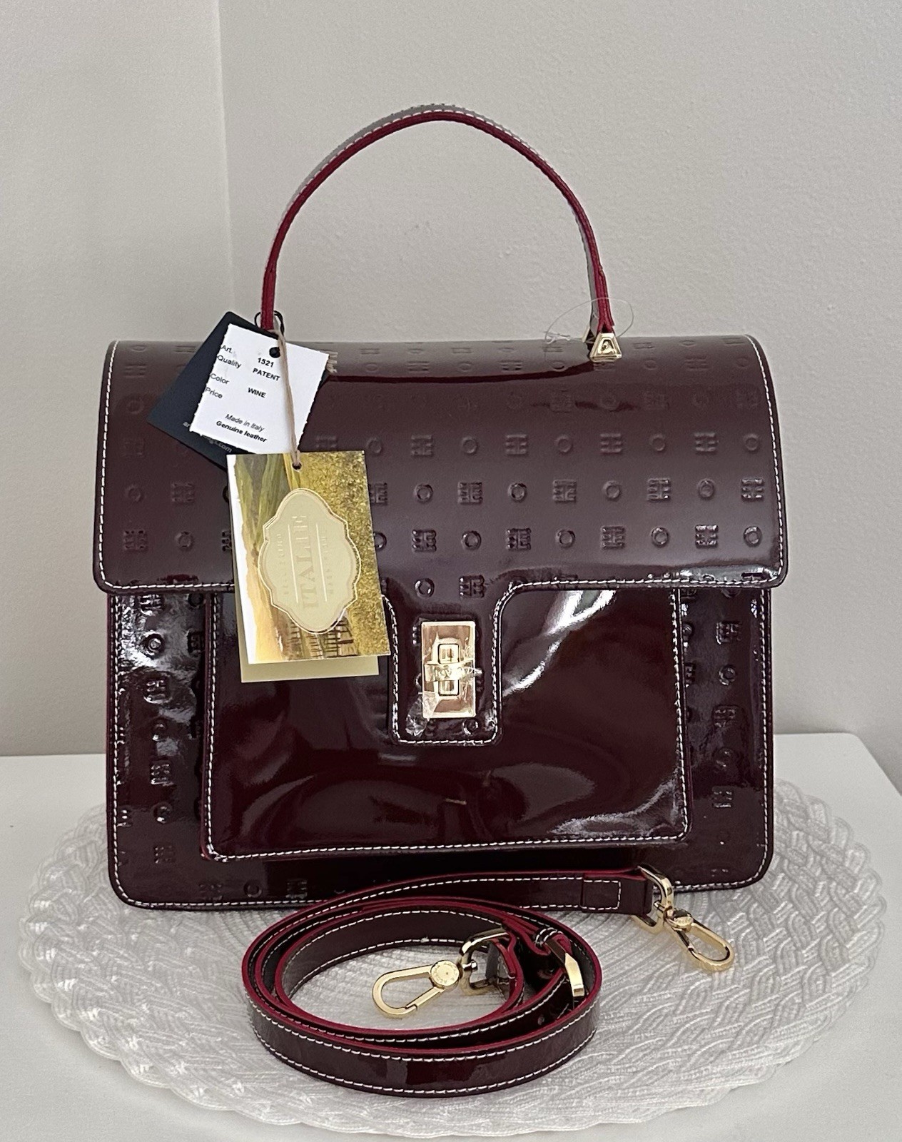 ARCADIA Italian Luxury Marilena Burgundy Patent Leather Top Handle Crossbody Bag