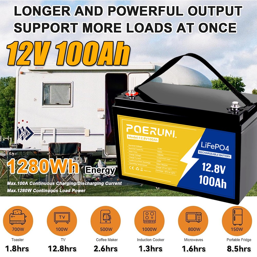 NEW 12V 100Ah LiFePO4 Lithium Battery Deep Cycle Built-in BMS for Solar Off-grid