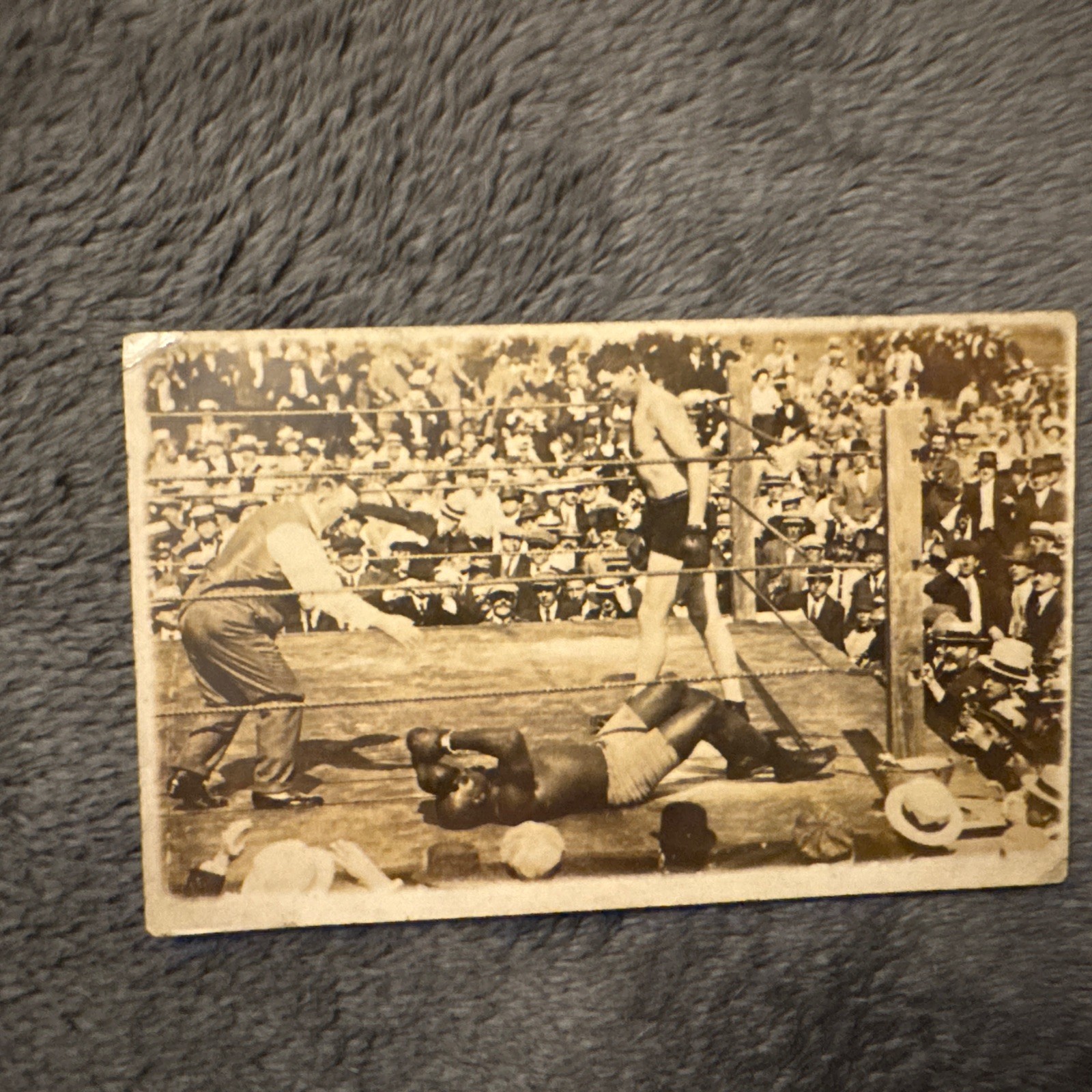 Rare 1910 Jack Johnson RPPC Knocked Out ? by Willard ,  Referee Crowd