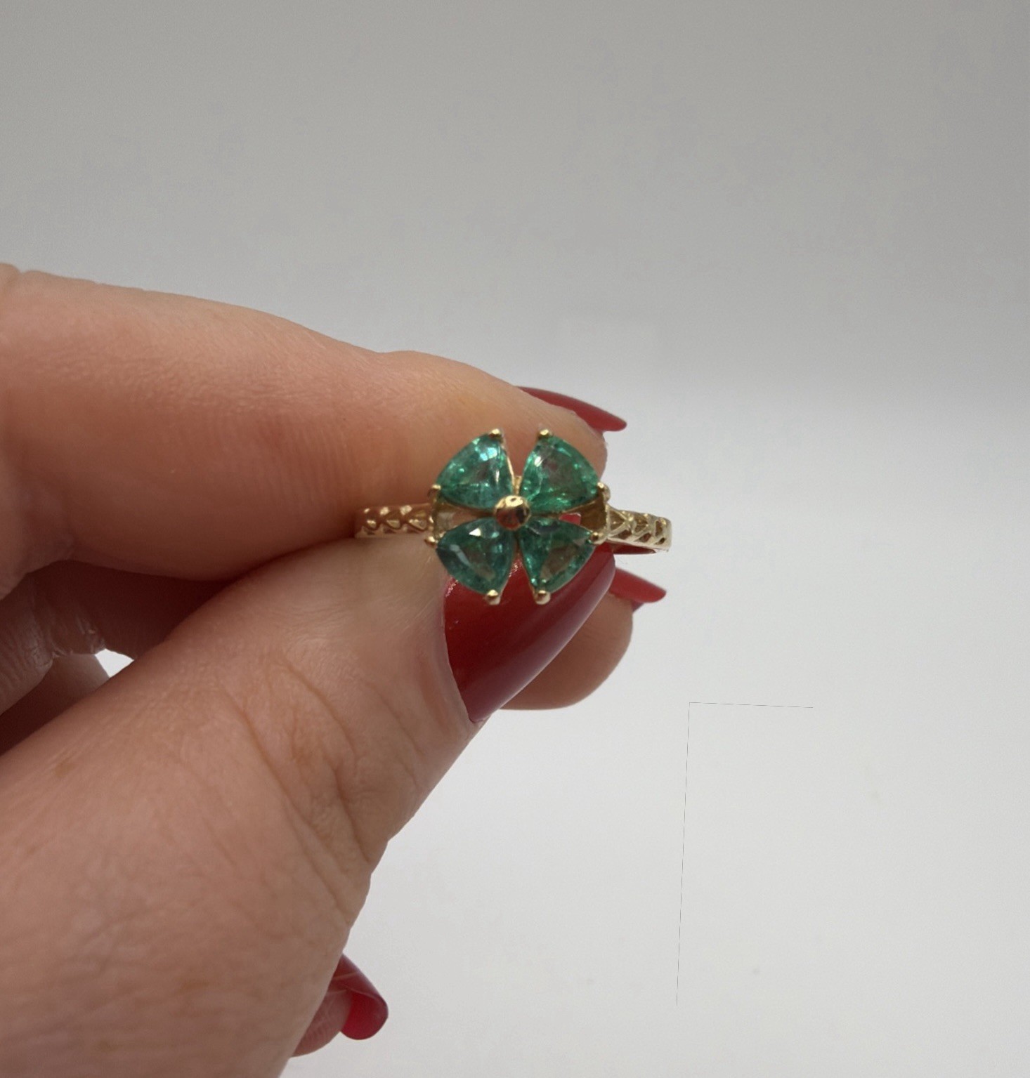 Vintage 9ct Solid Gold Natural Emerald Four Leaf Clover Ring Birmingham