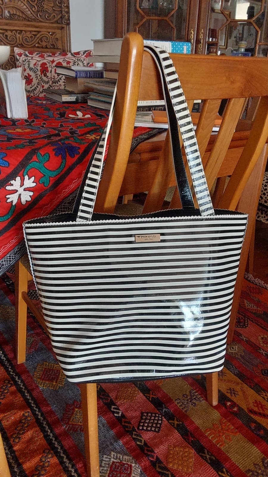 NWT Kate Spade handbag black and cream stripe patent leather, ribbon closure NWT Kate Spade handbag black and cream stripe patent leather, ribbon closure