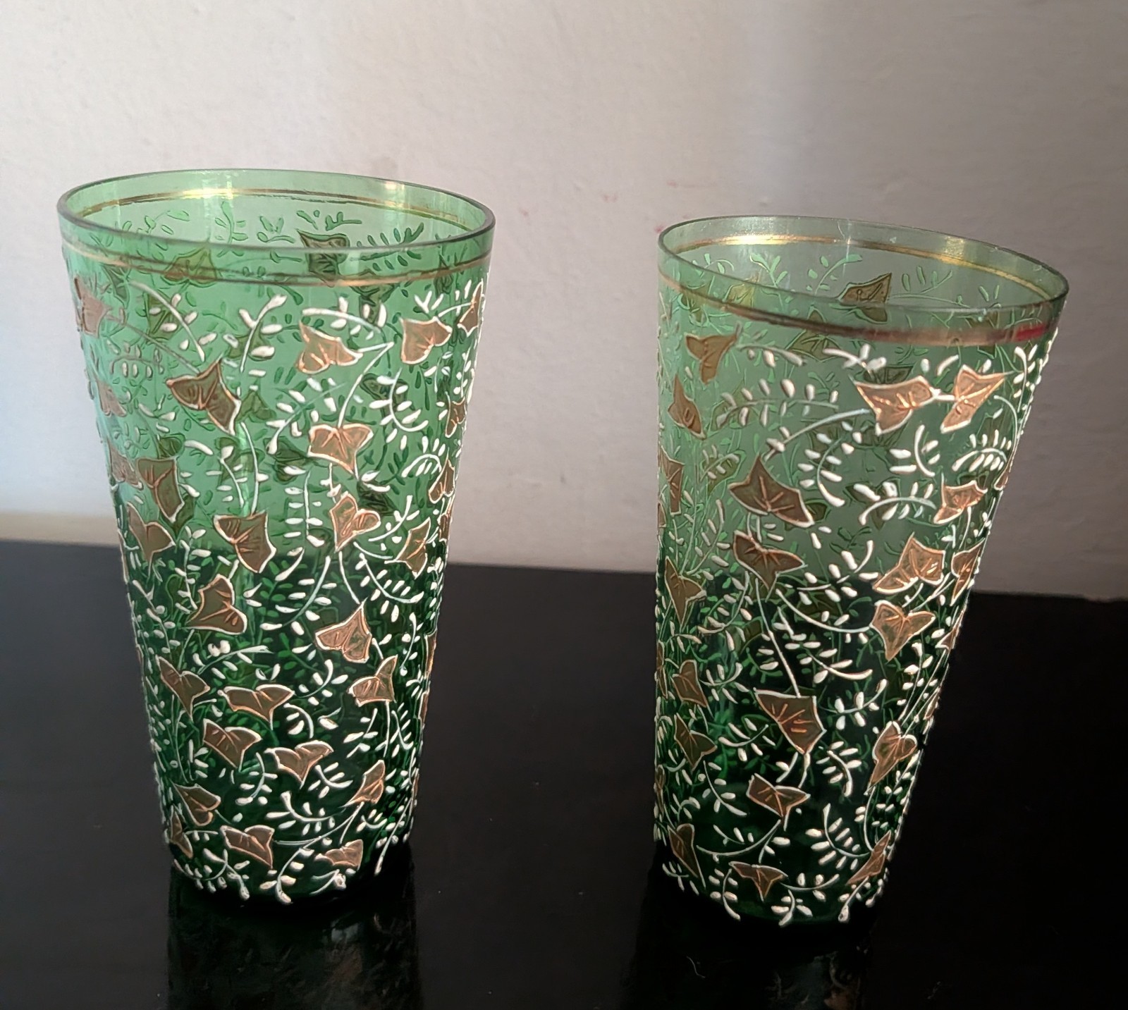 Antique Moser Bohemian Green Glass Hand-Enameled Juice Tumblers - Pair (2)