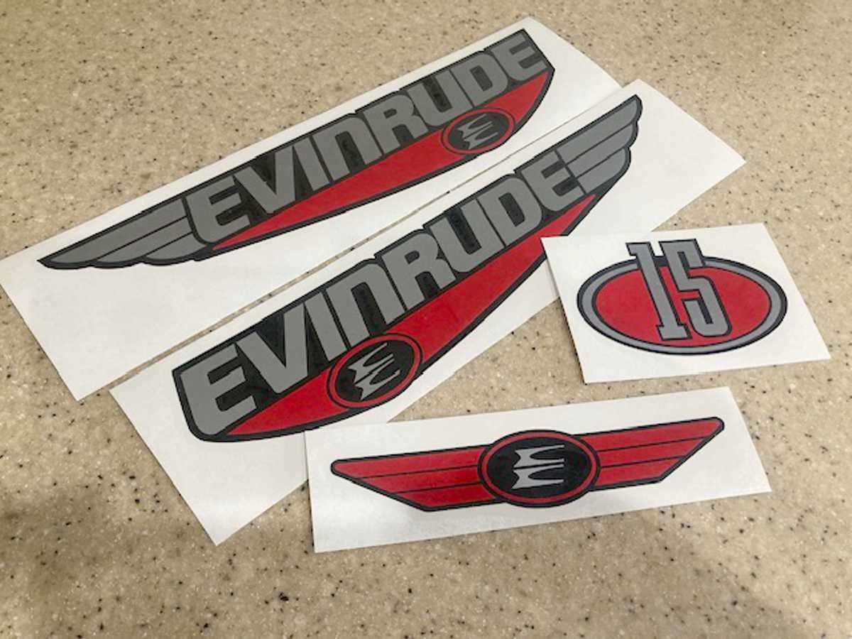 Evinrude Vintage Decal Kit 15 HP Die-Cut Vinyl + FREE Fish Decal Evinrude Vintage Decal Kit 15 HP Die-Cut Vinyl + FREE Fish Decal
