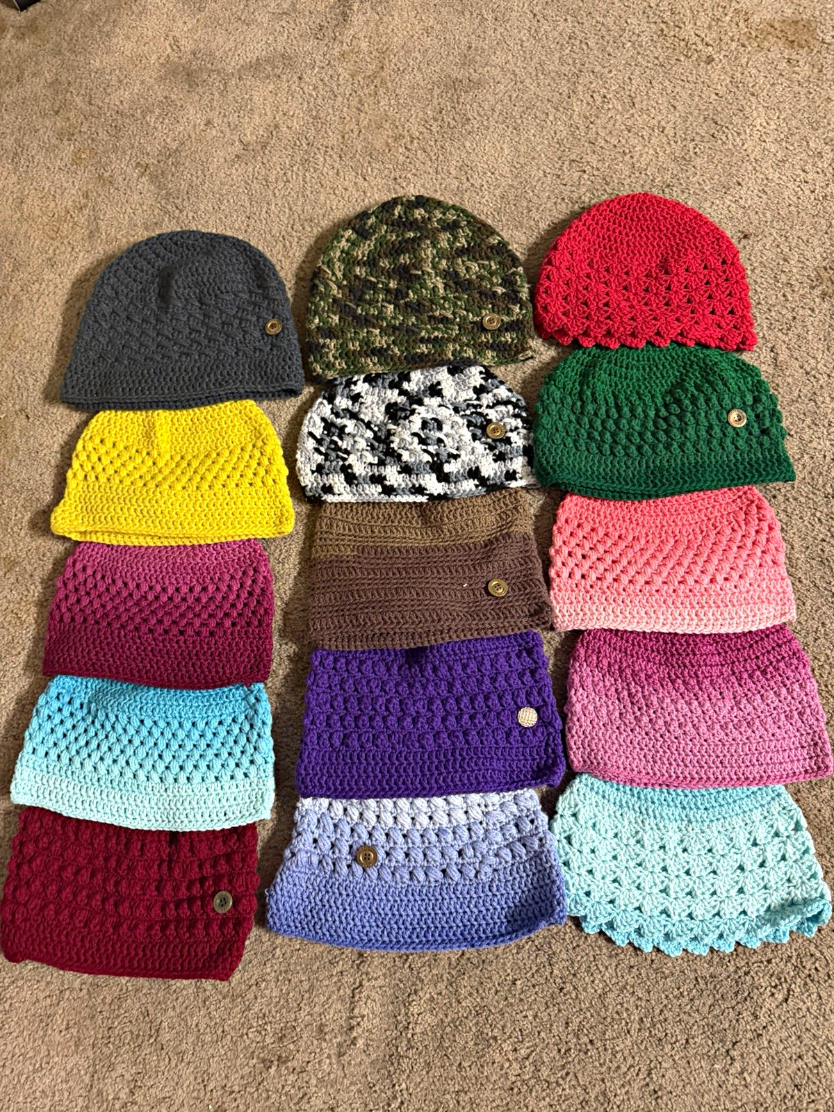 Handmade Lot of Crocheted Beanie Hats Assorted Colors with Button Accent Handmade Lot of Crocheted Beanie Hats Assorted Colors with Button Accent