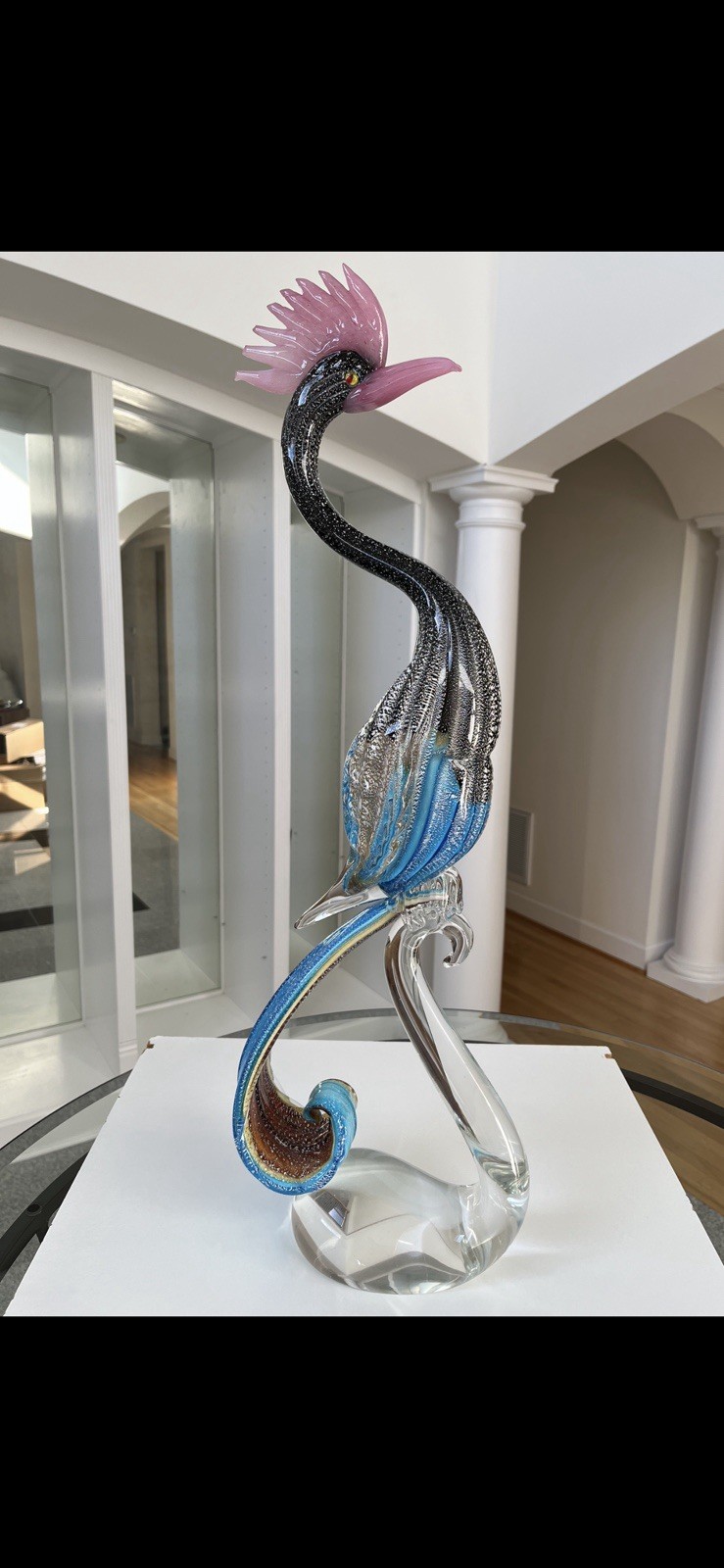 Formia Vetri Di Murano Art Glass Bird Sculpture, 29” tall. Made In Italy.